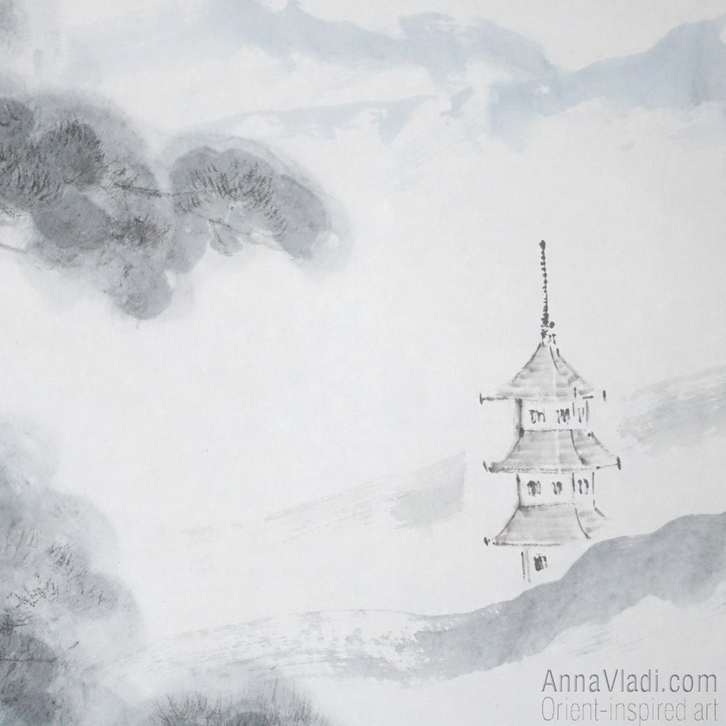 Japanese Landscape Painting: Pine Tree, Pagoda, Sumi-e Art