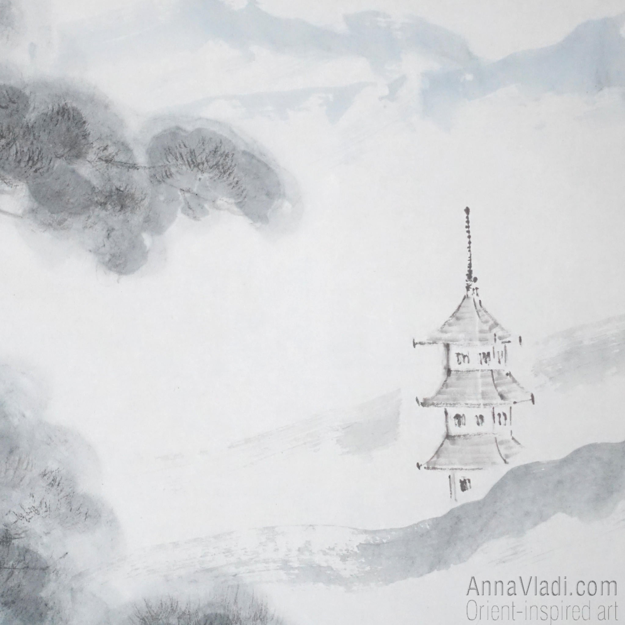 Japanese Landscape Painting: Pine Tree, Pagoda, Sumi-e Art