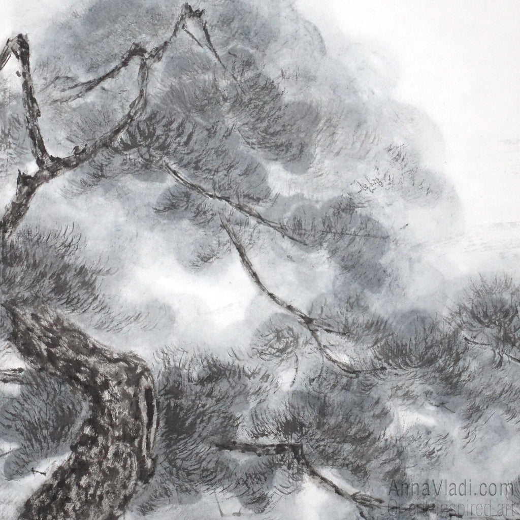 Japanese Landscape Painting: Pine Tree, Pagoda, Sumi-e Art