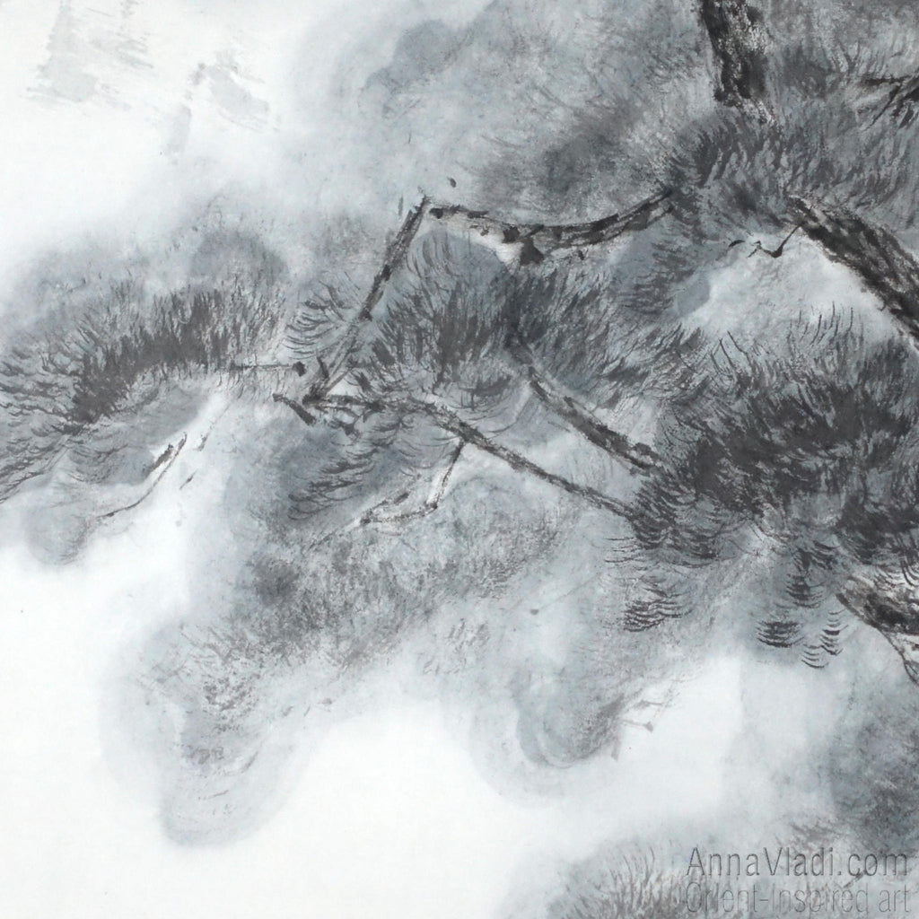 Japanese Landscape Painting: Pine Tree, Pagoda, Sumi-e Art
