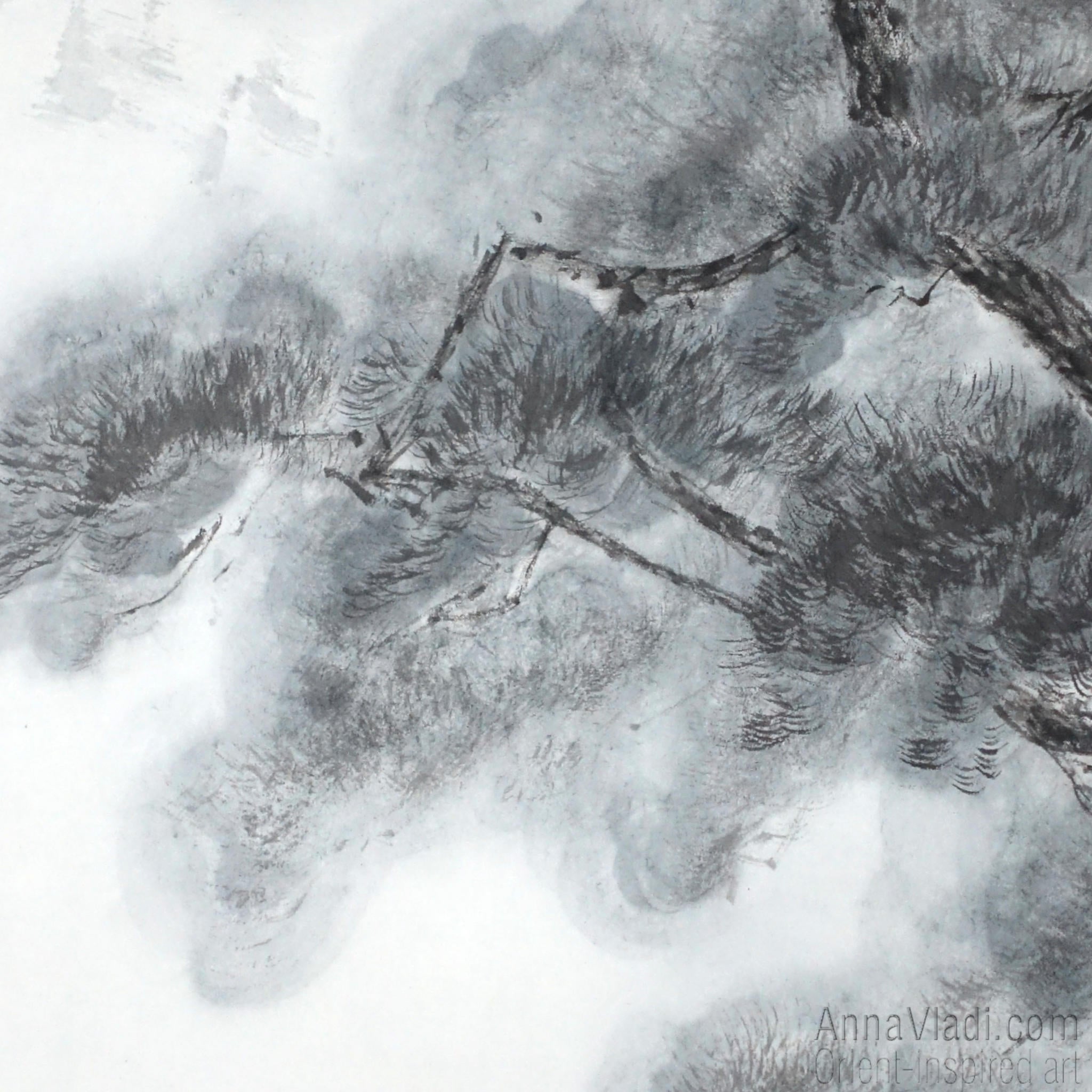 Japanese Landscape Painting: Pine Tree, Pagoda, Sumi-e Art