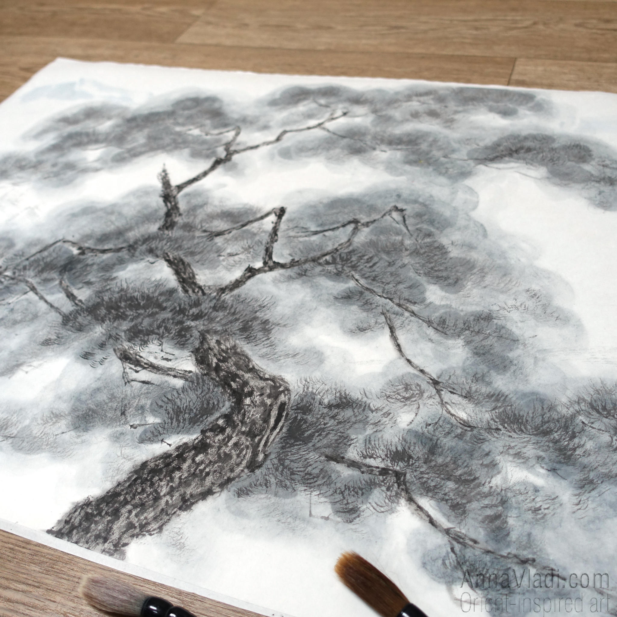Japanese Landscape Painting: Pine Tree, Pagoda, Sumi-e Art