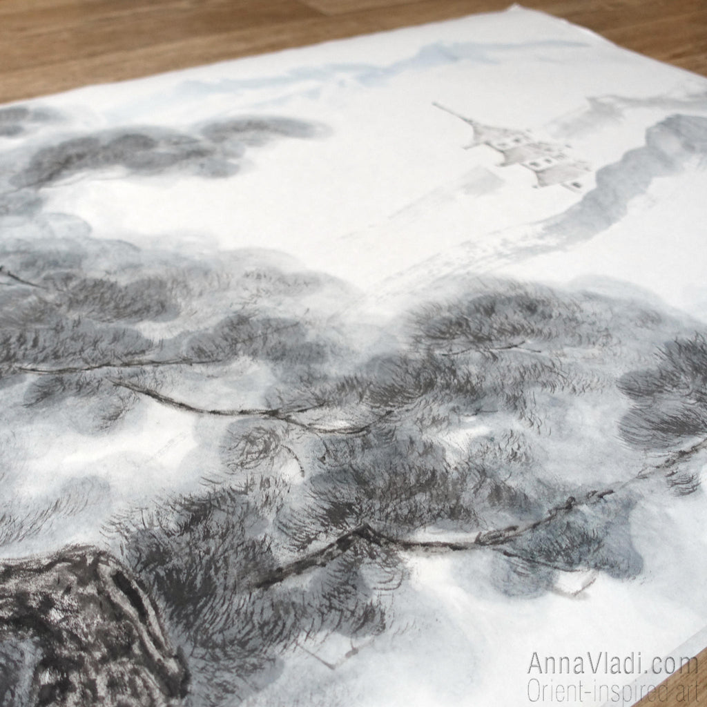 Japanese Landscape Painting: Pine Tree, Pagoda, Sumi-e Art