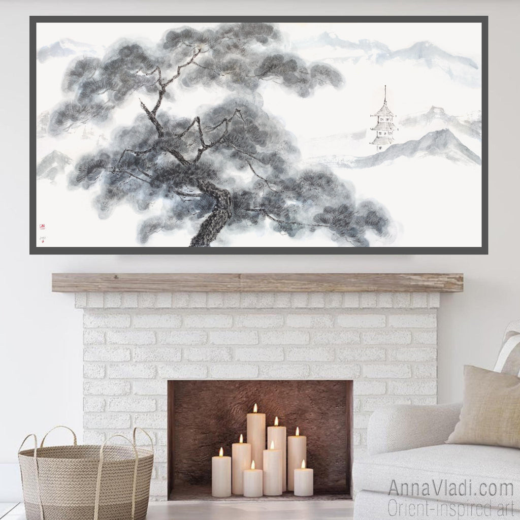 Japanese Landscape Painting: Pine Tree, Pagoda, Sumi-e Art