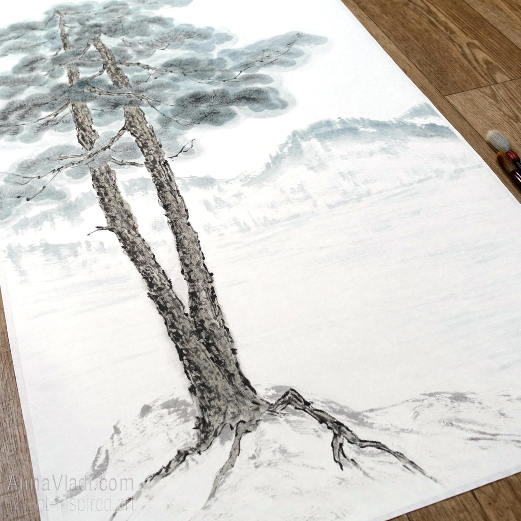 Large Pine Tree: Oriental Zen Landscape Art