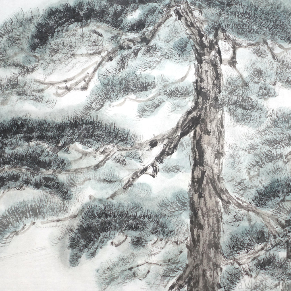 Sumi-e Pine Landscape Painting: Japanese Ink Art with Basho Haiku