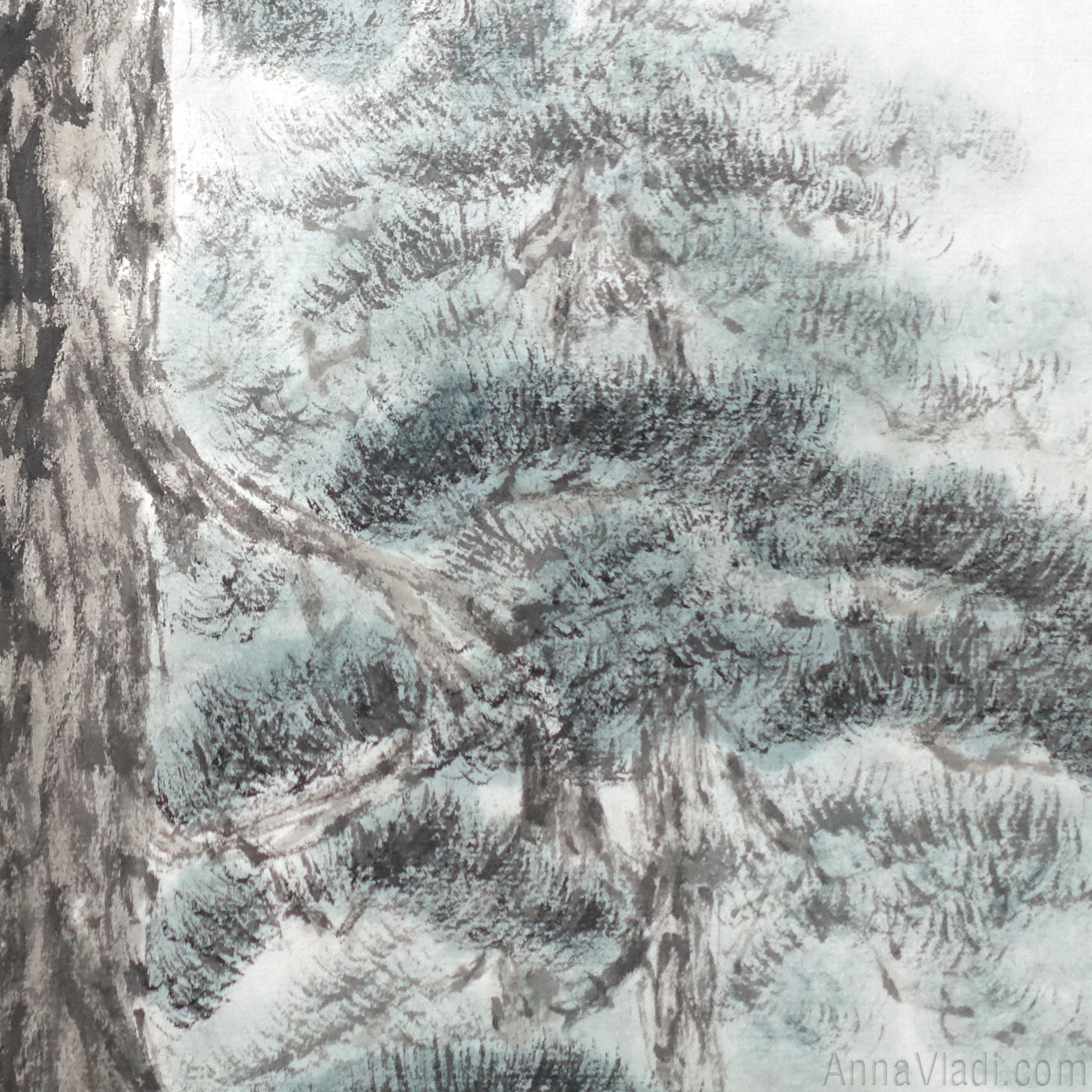 Sumi-e Pine Landscape Painting: Japanese Ink Art with Basho Haiku