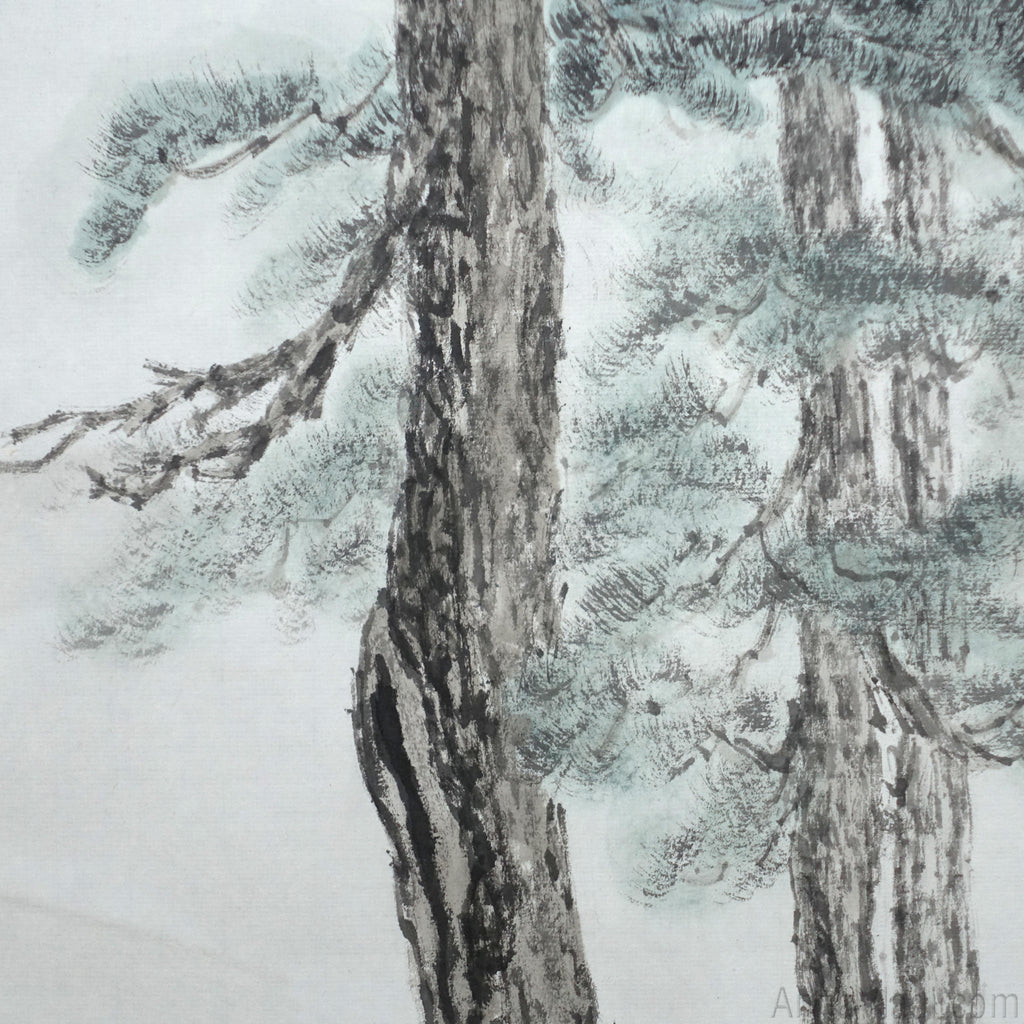 Sumi-e Pine Landscape Painting: Japanese Ink Art with Basho Haiku