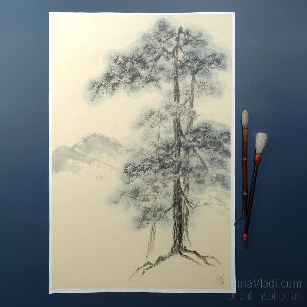 Sumi-e Pine Tree Landscape: Japanese Ink Painting on Vintage Rice Paper