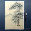 Sumi-e Pine Tree Landscape: Japanese Ink Painting on Vintage Rice Paper