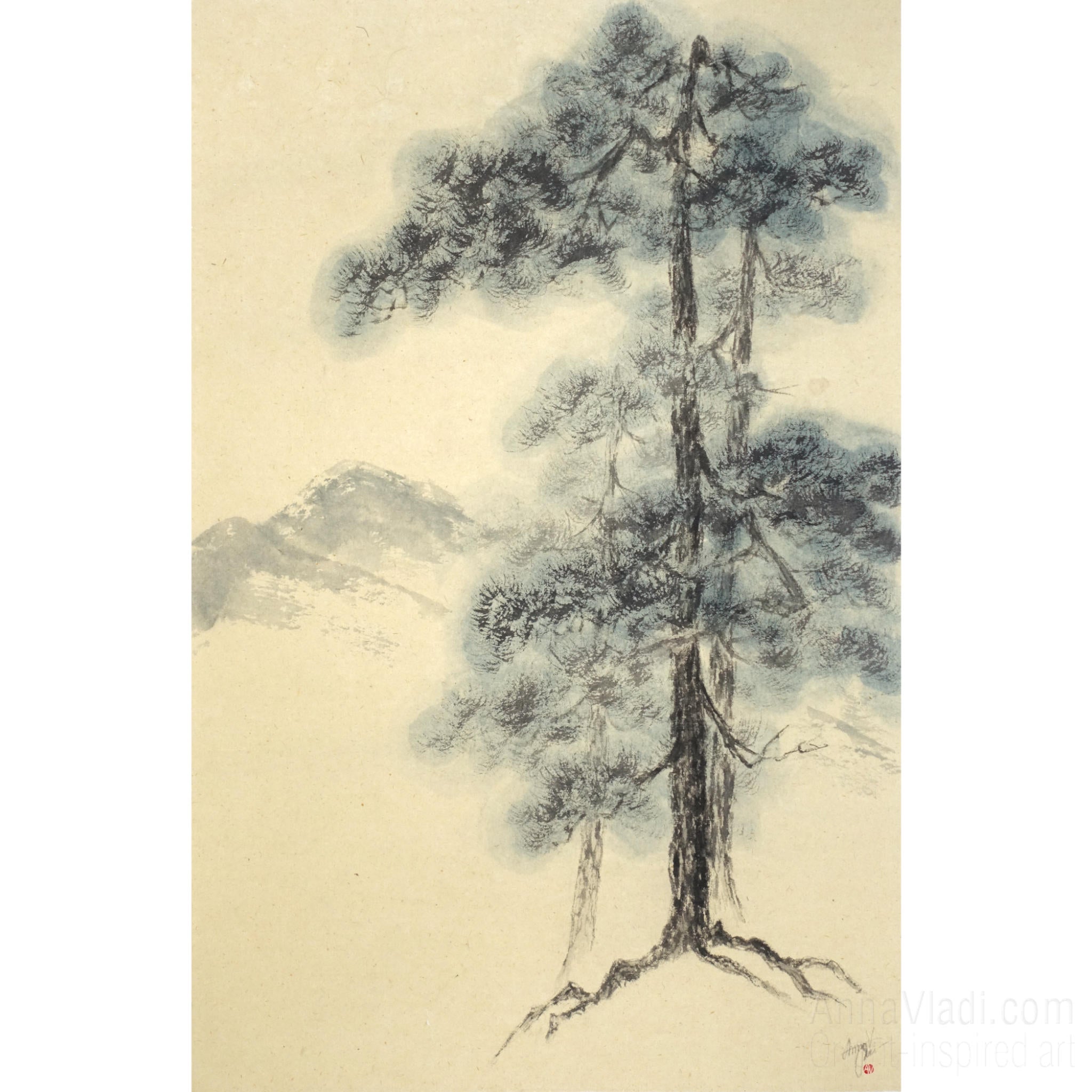 Sumi-e Pine Tree Landscape: Japanese Ink Painting on Vintage Rice Paper