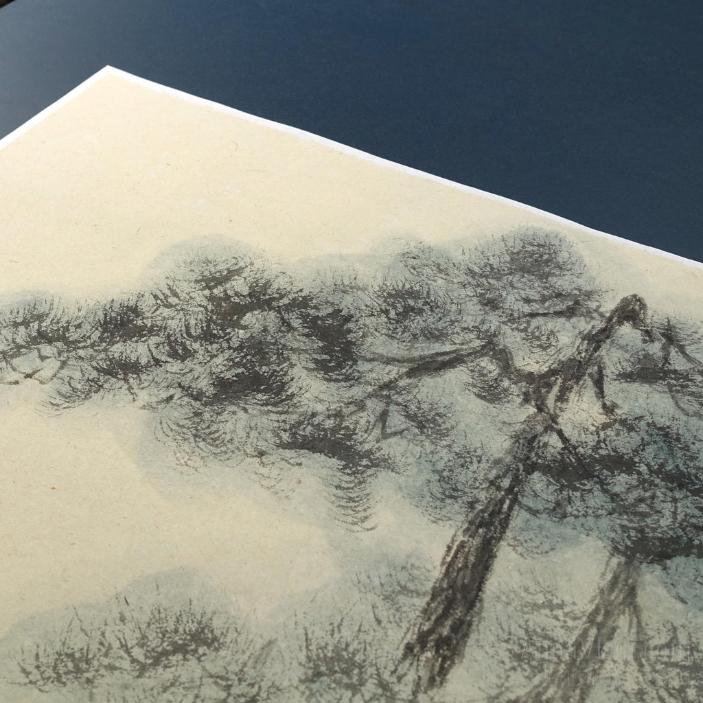 Sumi-e Pine Tree Landscape: Japanese Ink Painting on Vintage Rice Paper