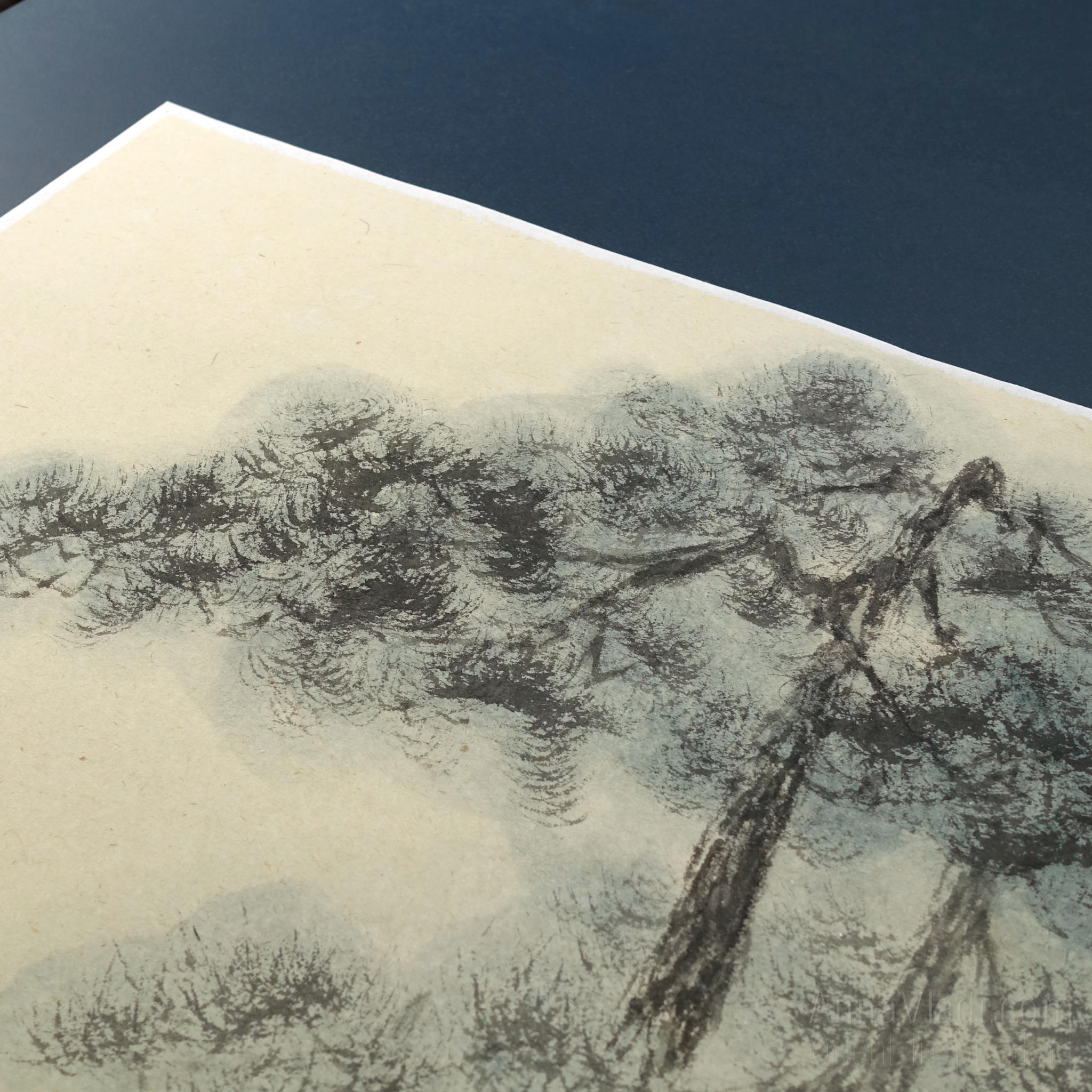 Sumi-e Pine Tree Landscape: Japanese Ink Painting on Vintage Rice Paper