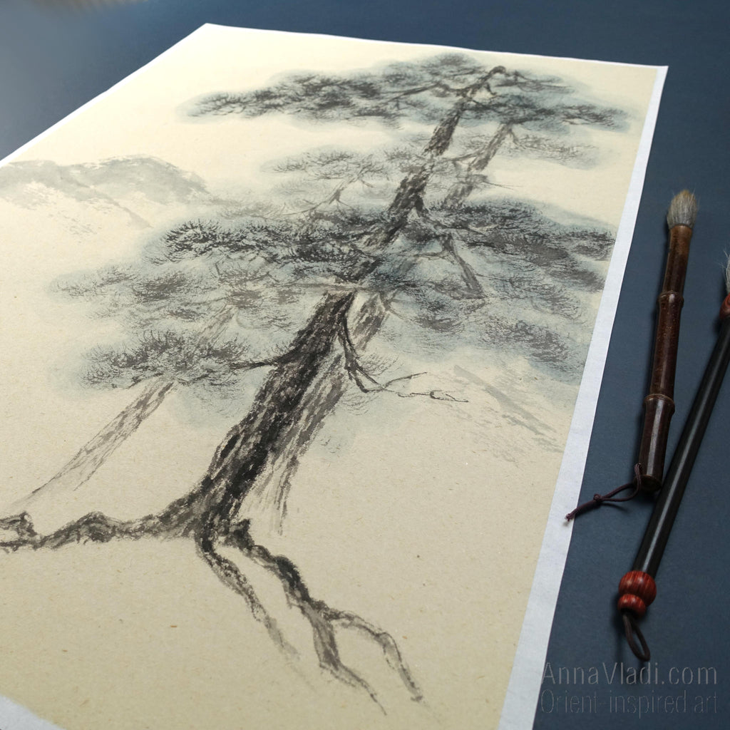 Sumi-e Pine Tree Landscape: Japanese Ink Painting on Vintage Rice Paper