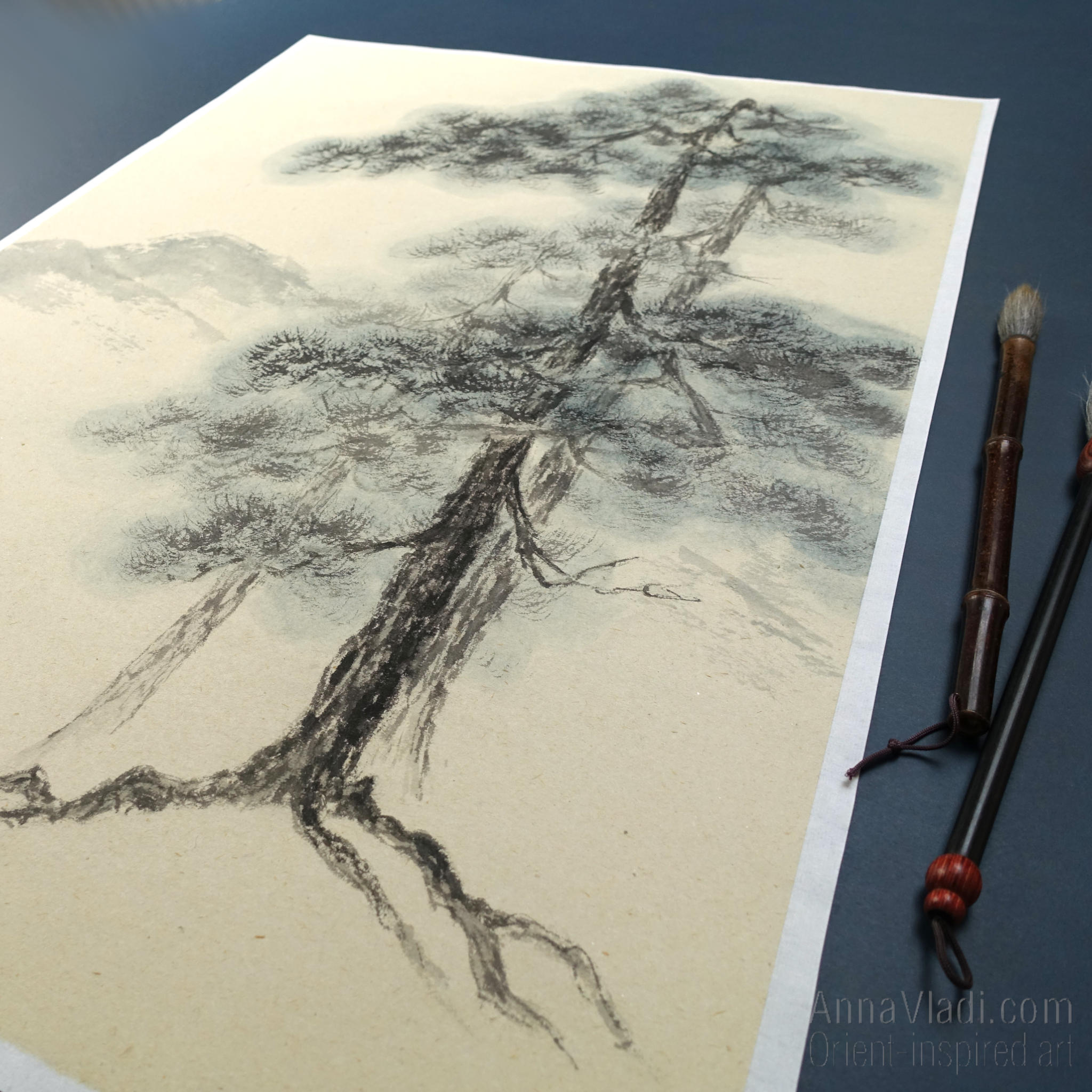 Sumi-e Pine Tree Landscape: Japanese Ink Painting on Vintage Rice Paper