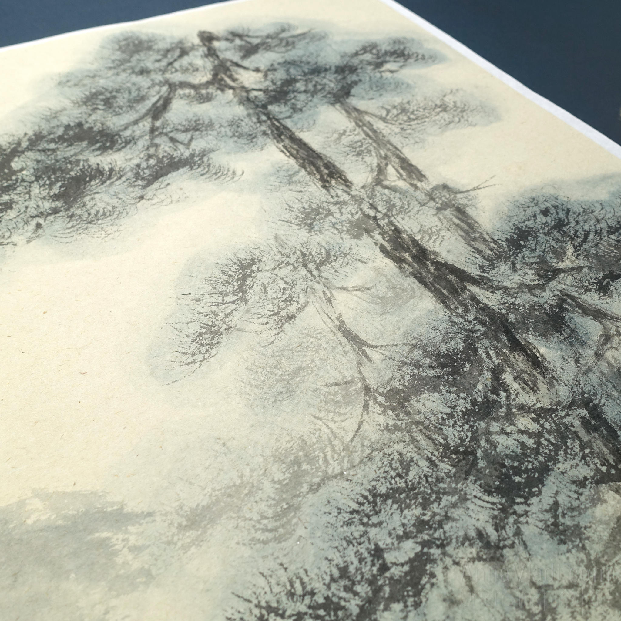 Sumi-e Pine Tree Landscape: Japanese Ink Painting on Vintage Rice Paper