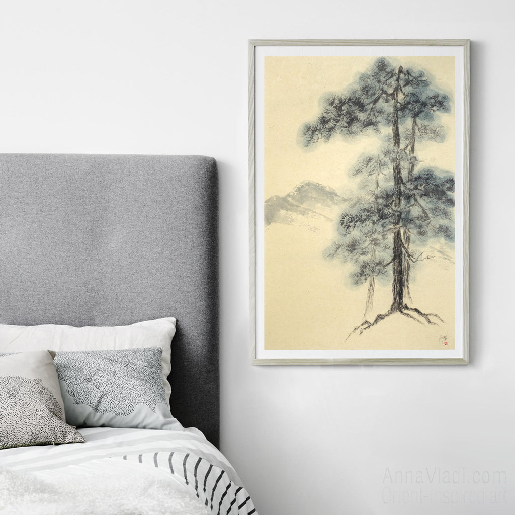 Sumi-e Pine Tree Landscape: Japanese Ink Painting on Vintage Rice Paper