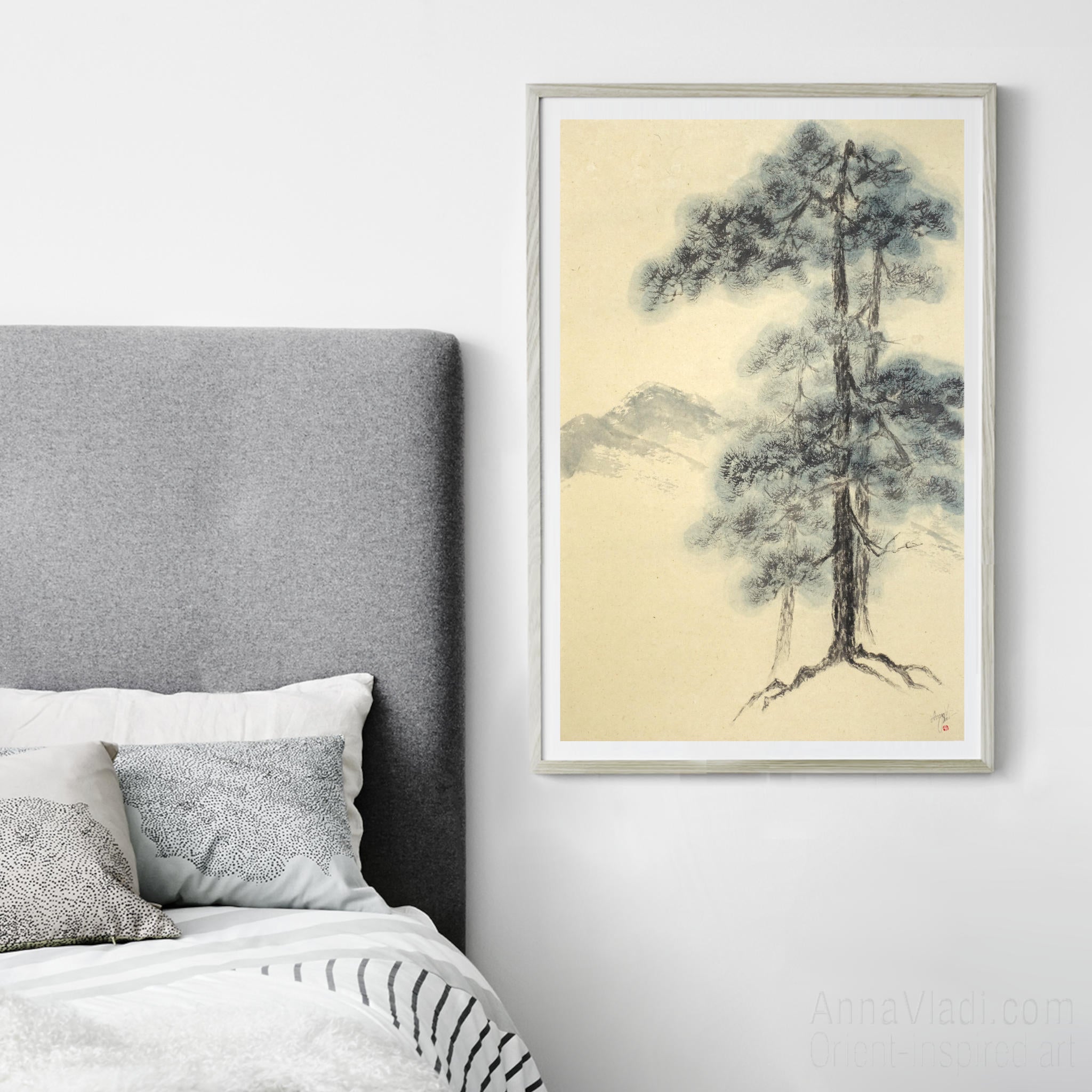 Sumi-e Pine Tree Landscape: Japanese Ink Painting on Vintage Rice Paper
