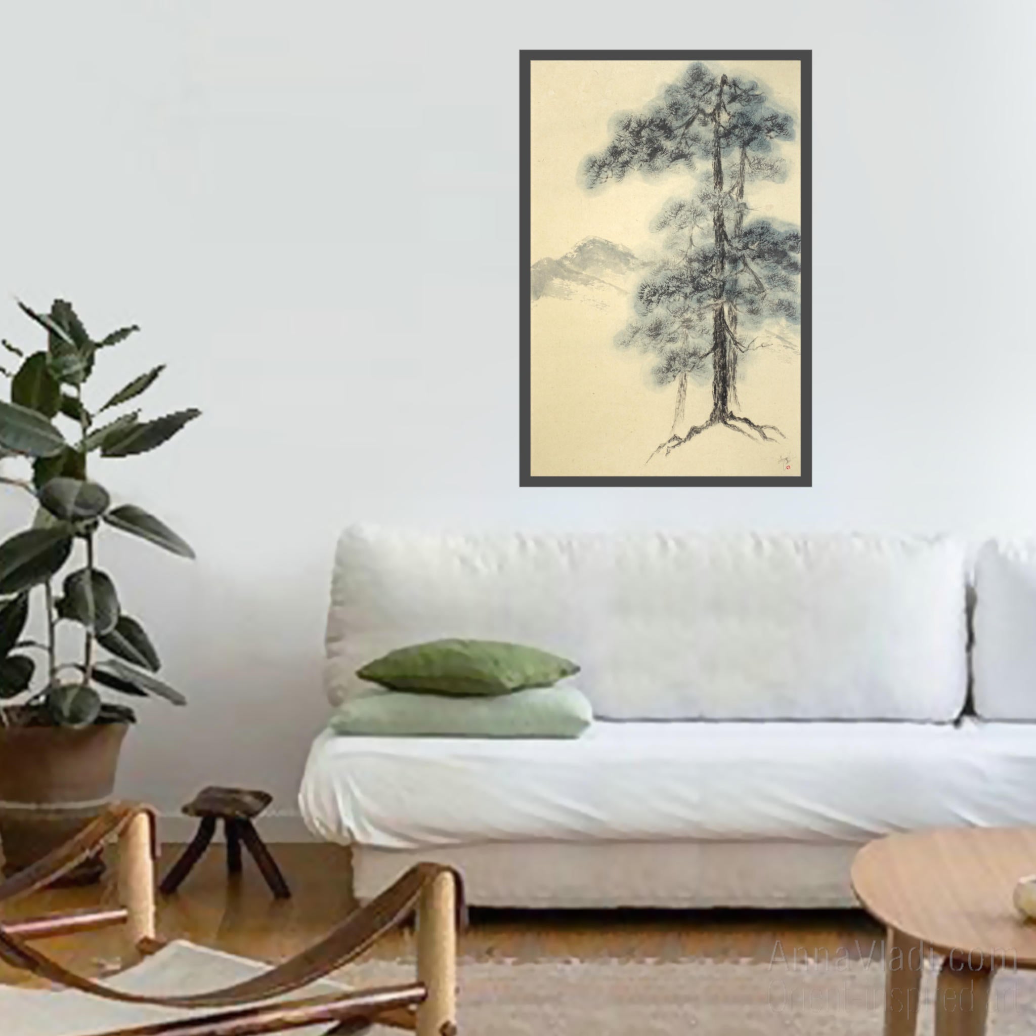 Sumi-e Pine Tree Landscape: Japanese Ink Painting on Vintage Rice Paper