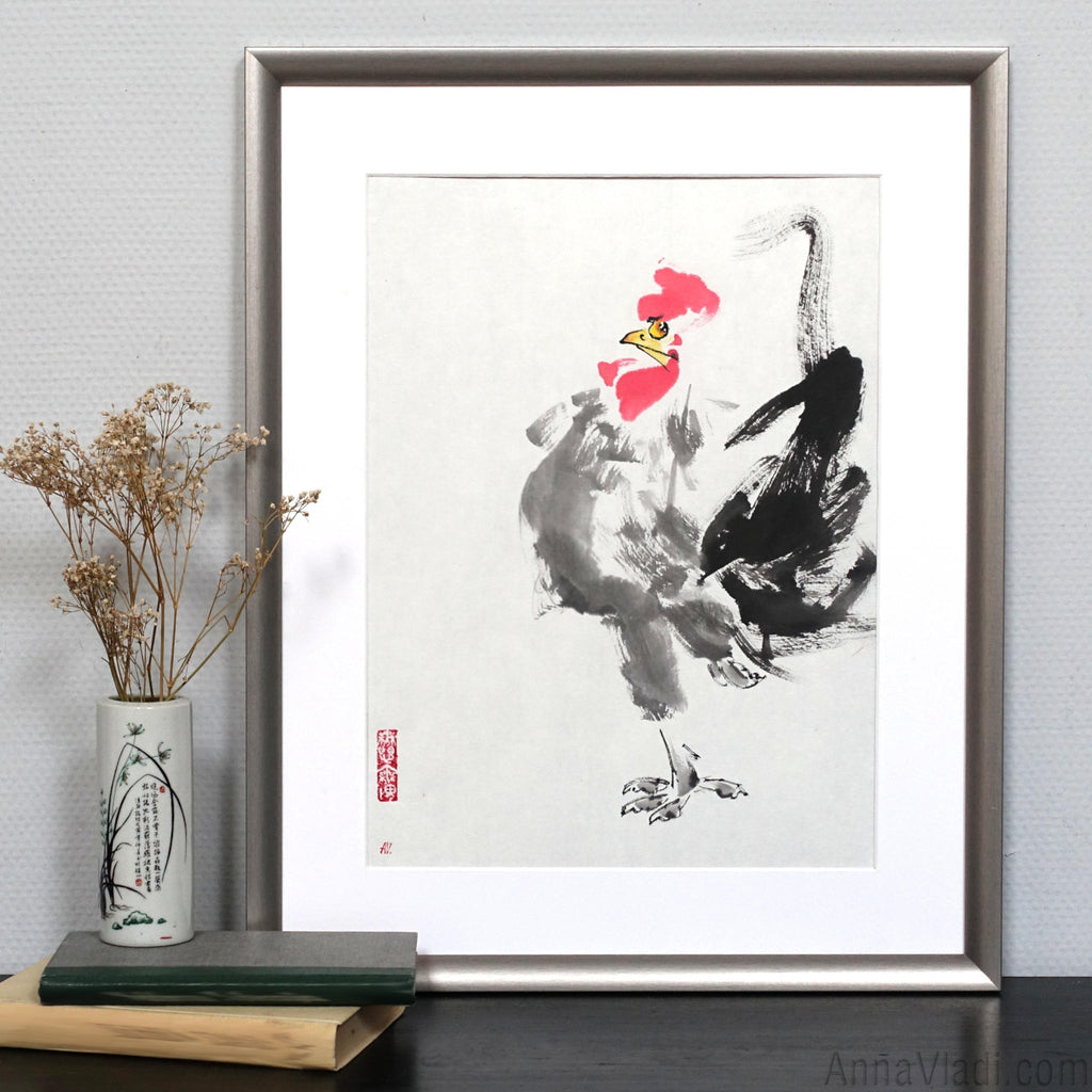 Rooster Sumi-e Painting, Original Japanese Inkwash Art (31×41cm), Oriental Minimalist Bird Illustration