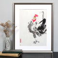 Rooster Sumi-e Painting, Original Japanese Inkwash Art (31×41cm), Oriental Minimalist Bird Illustration