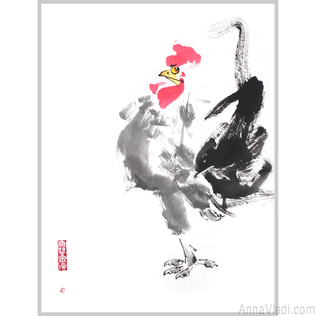 Rooster Sumi-e Painting, Original Japanese Inkwash Art (31×41cm), Oriental Minimalist Bird Illustration