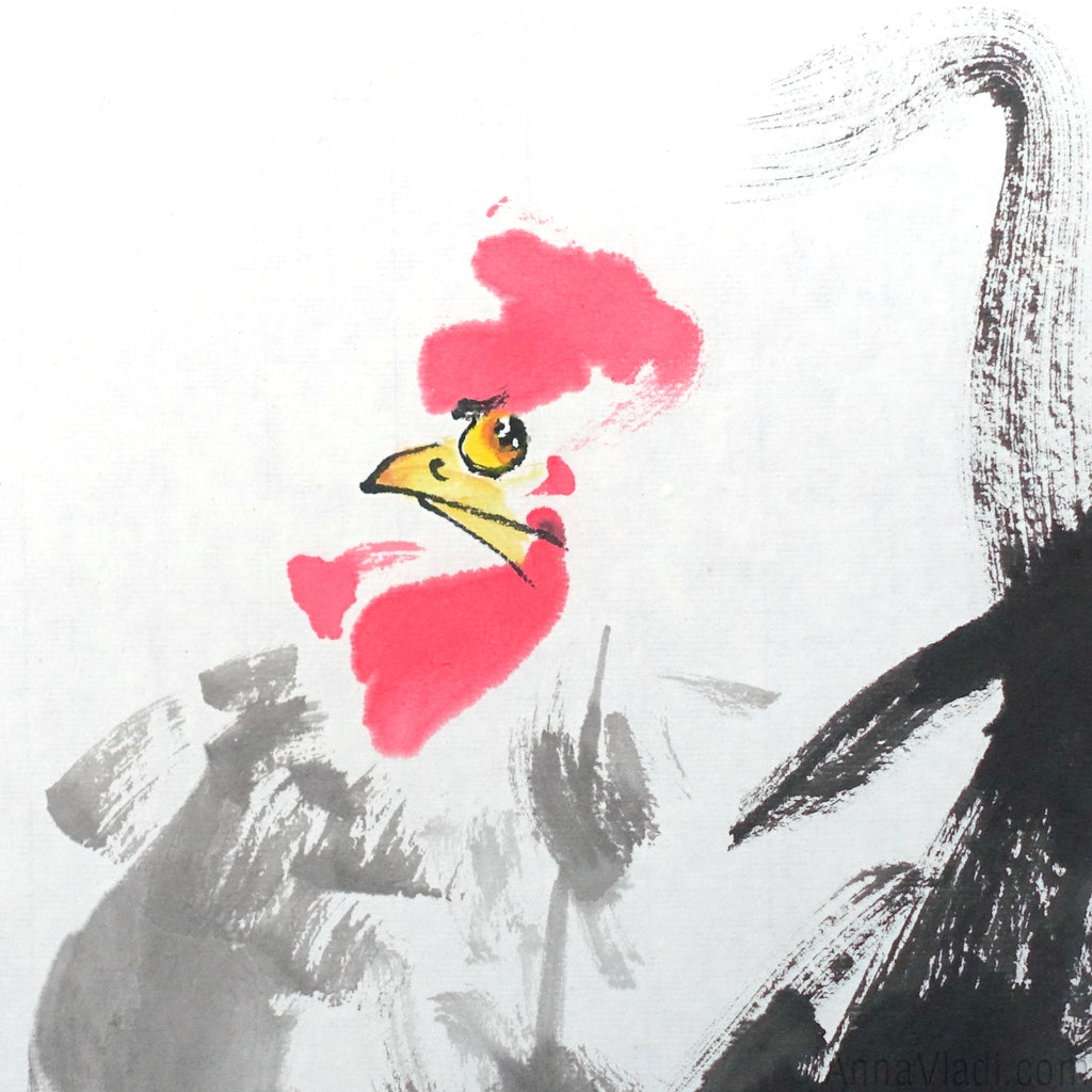 Rooster Sumi-e Painting, Original Japanese Inkwash Art (31×41cm), Oriental Minimalist Bird Illustration