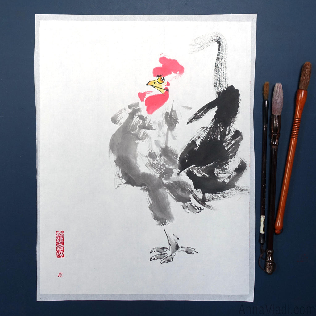 Rooster Sumi-e Painting, Original Japanese Inkwash Art (31×41cm), Oriental Minimalist Bird Illustration