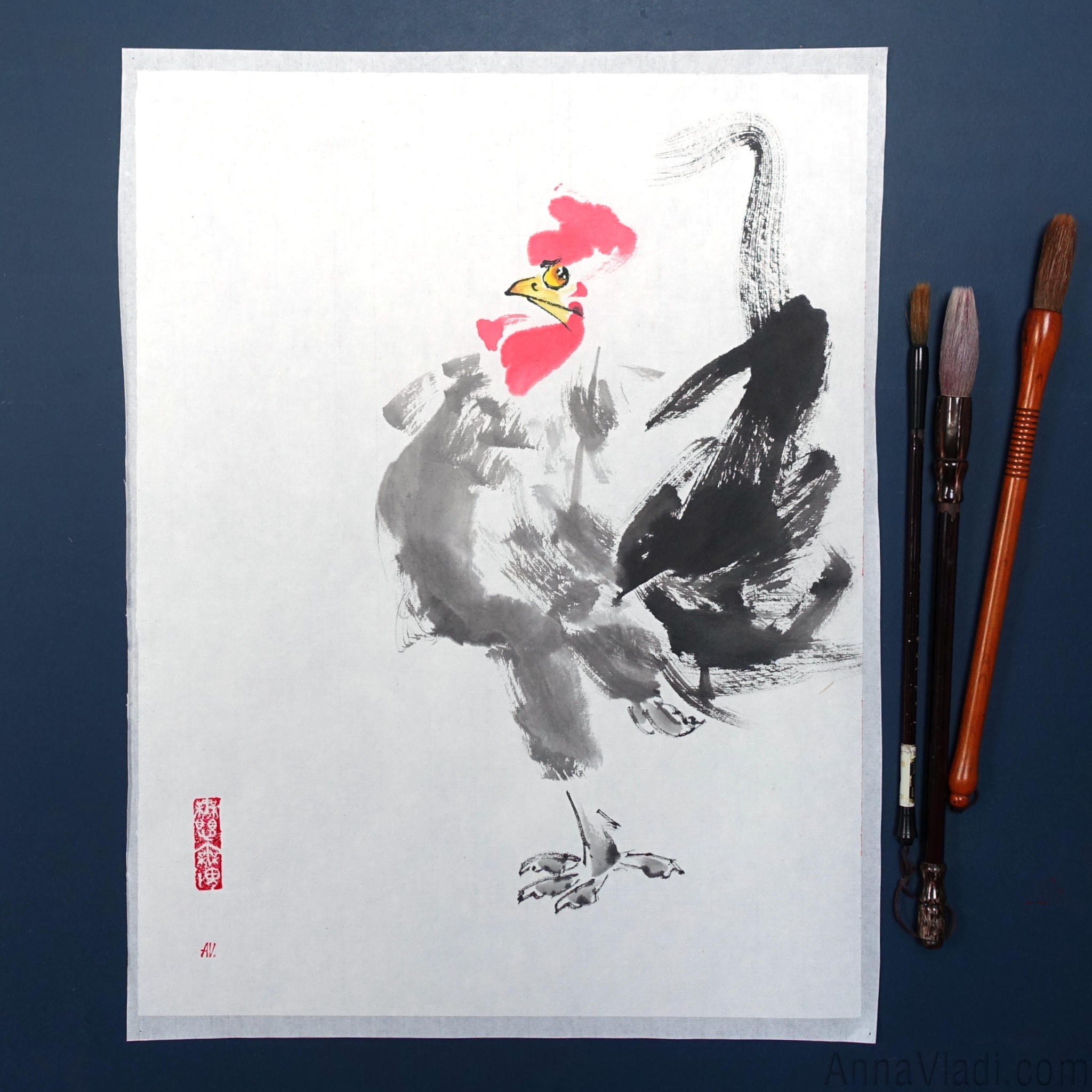 Rooster Sumi-e Painting, Original Japanese Inkwash Art (31×41cm), Oriental Minimalist Bird Illustration