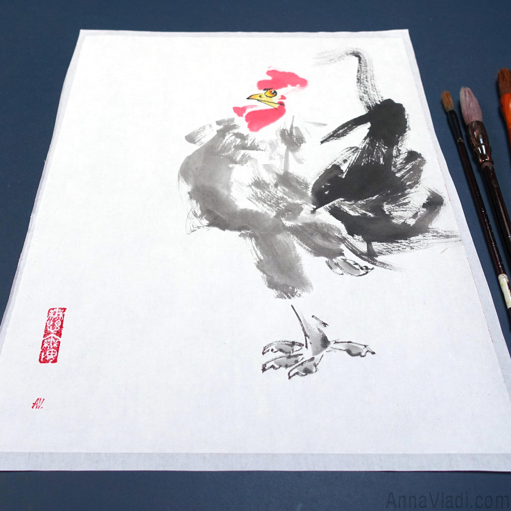 Rooster Sumi-e Painting, Original Japanese Inkwash Art (31×41cm), Oriental Minimalist Bird Illustration