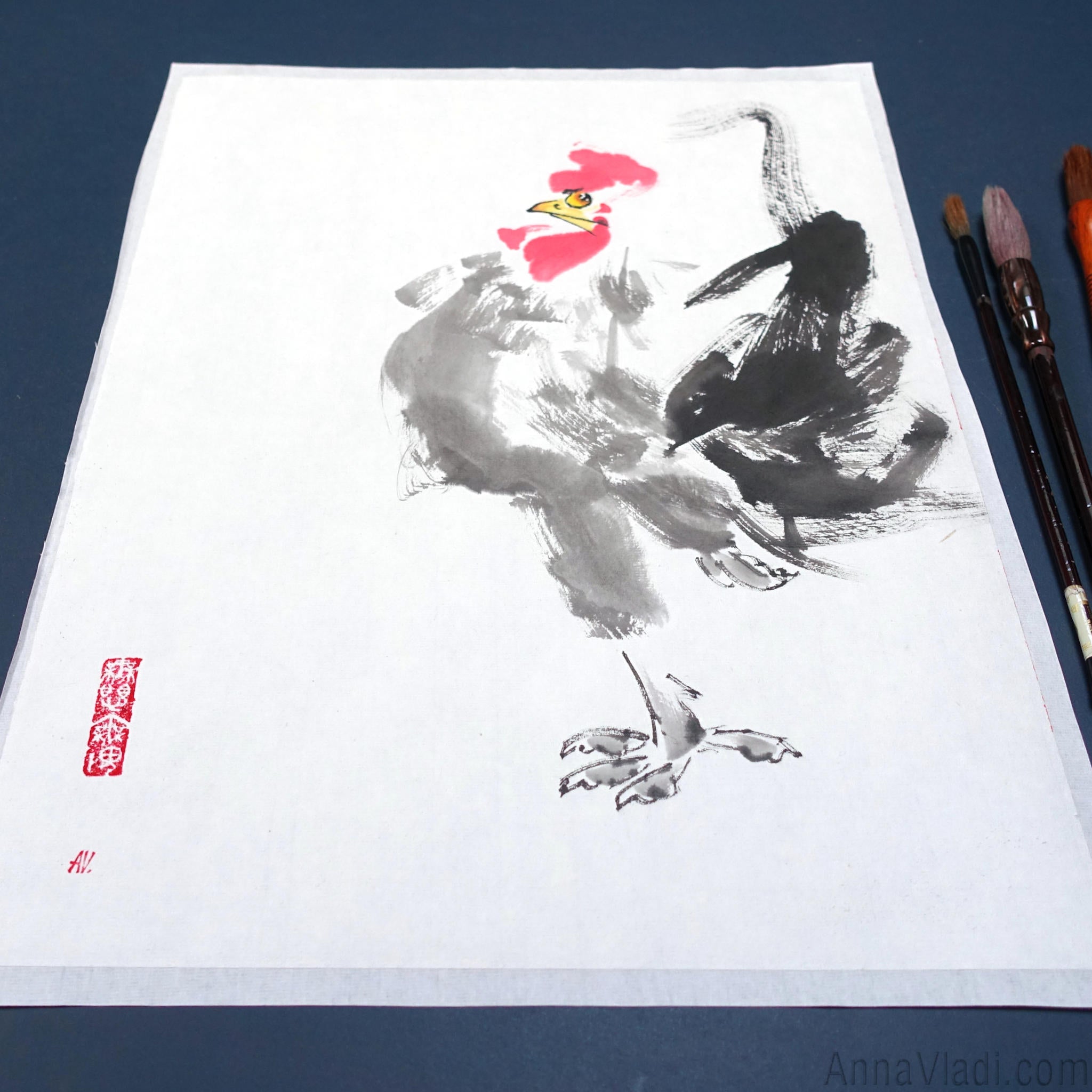 Rooster Sumi-e Painting, Original Japanese Inkwash Art (31×41cm), Oriental Minimalist Bird Illustration