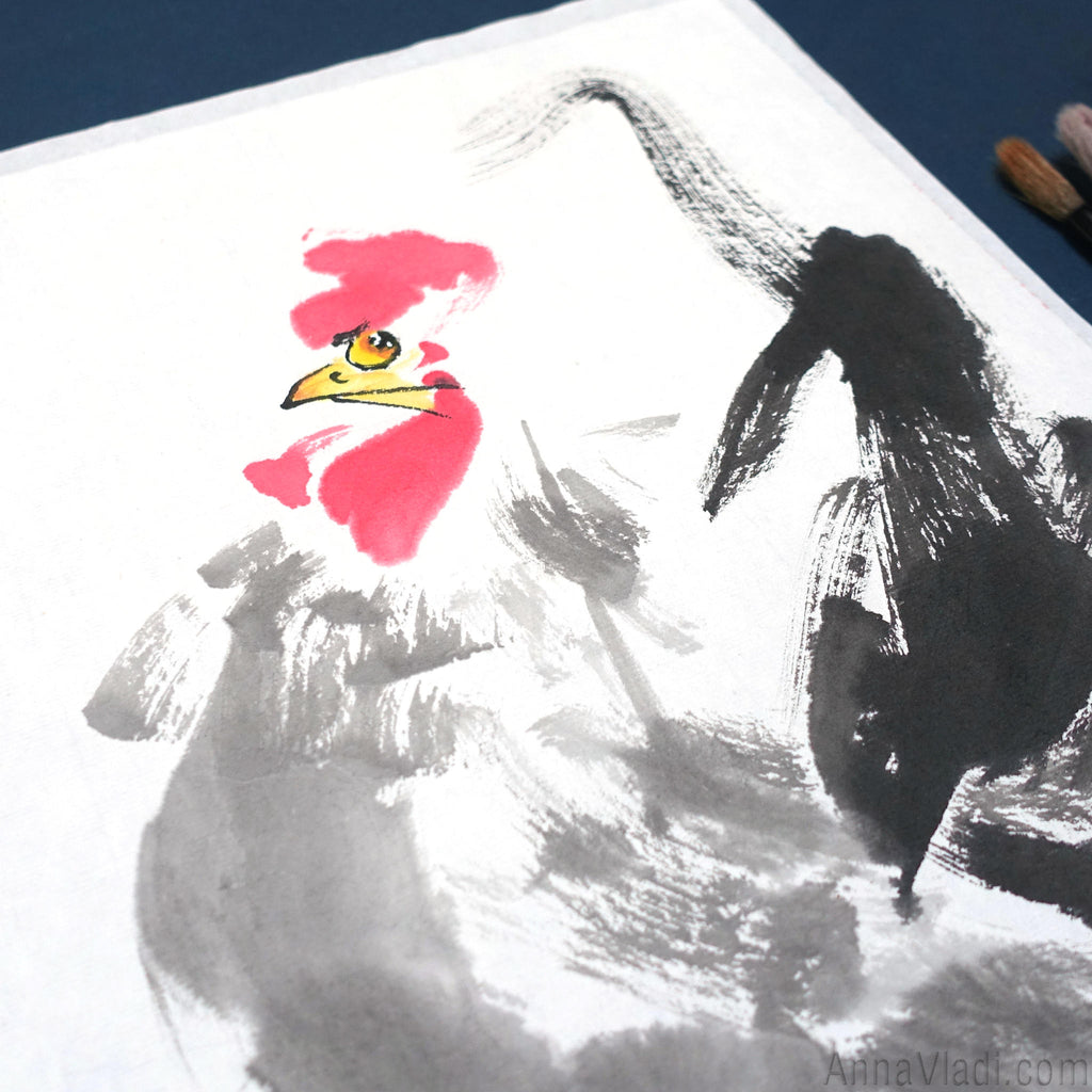 Rooster Sumi-e Painting, Original Japanese Inkwash Art (31×41cm), Oriental Minimalist Bird Illustration