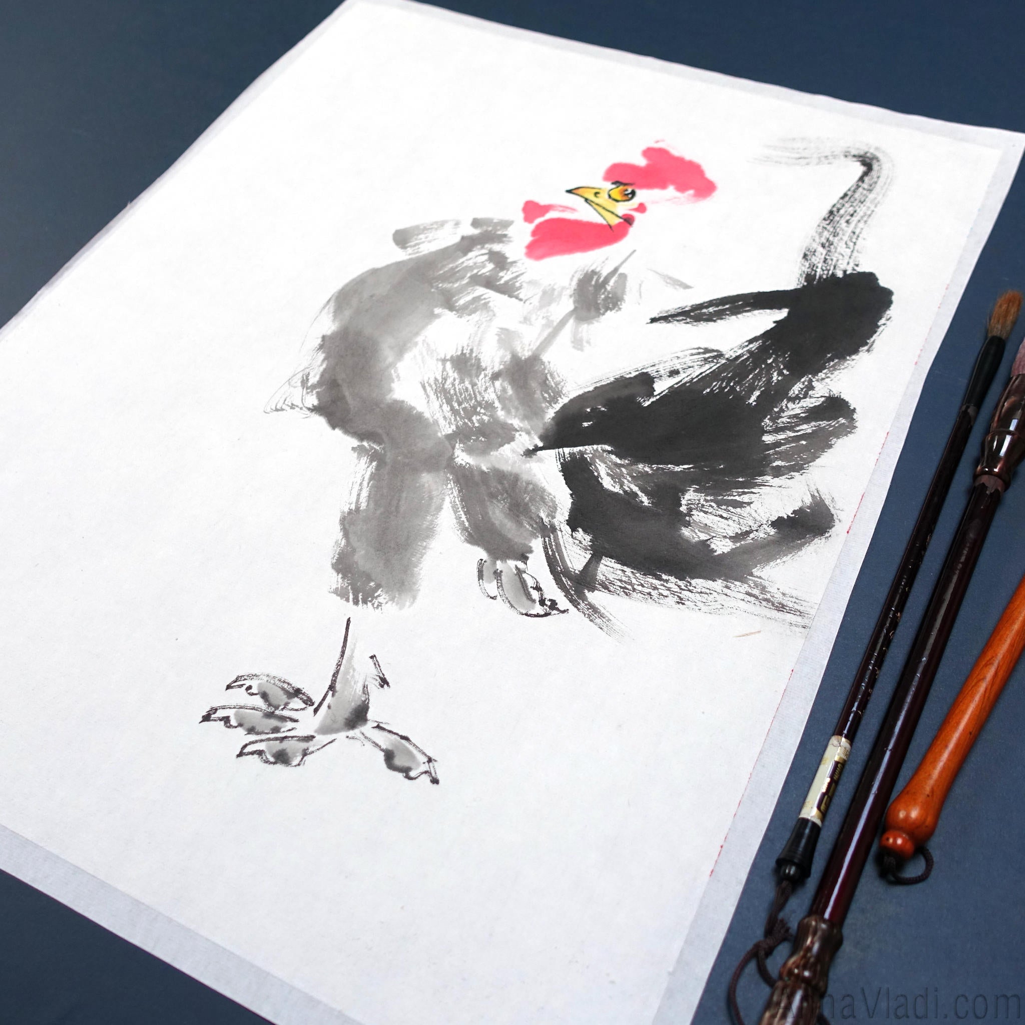 Rooster Sumi-e Painting, Original Japanese Inkwash Art (31×41cm), Oriental Minimalist Bird Illustration