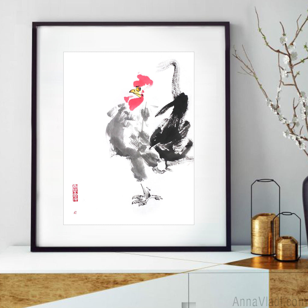 Rooster Sumi-e Painting, Original Japanese Inkwash Art (31×41cm), Oriental Minimalist Bird Illustration