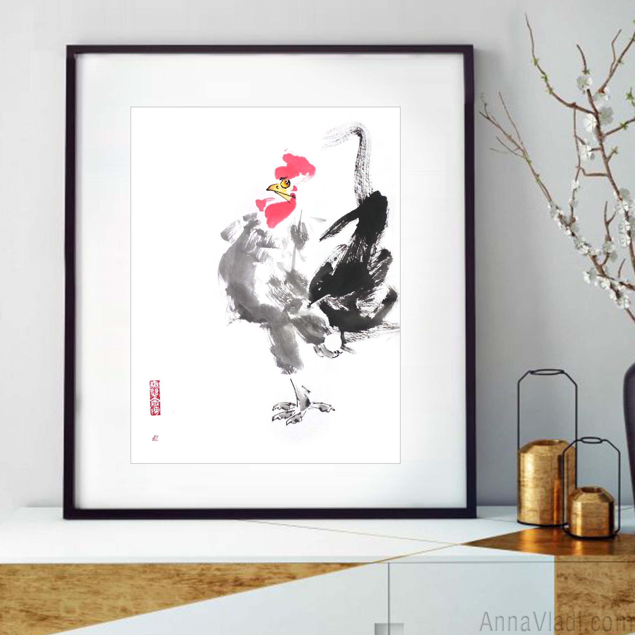 Rooster Sumi-e Painting, Original Japanese Inkwash Art (31×41cm), Oriental Minimalist Bird Illustration