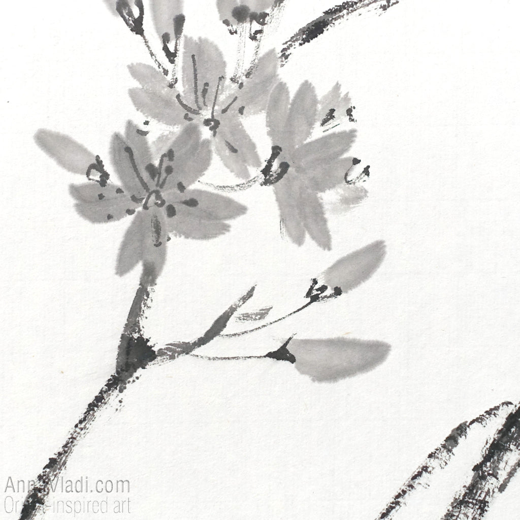 Sakura Cherry Blossom Sumi-e Painting: Japanese Haiku Art