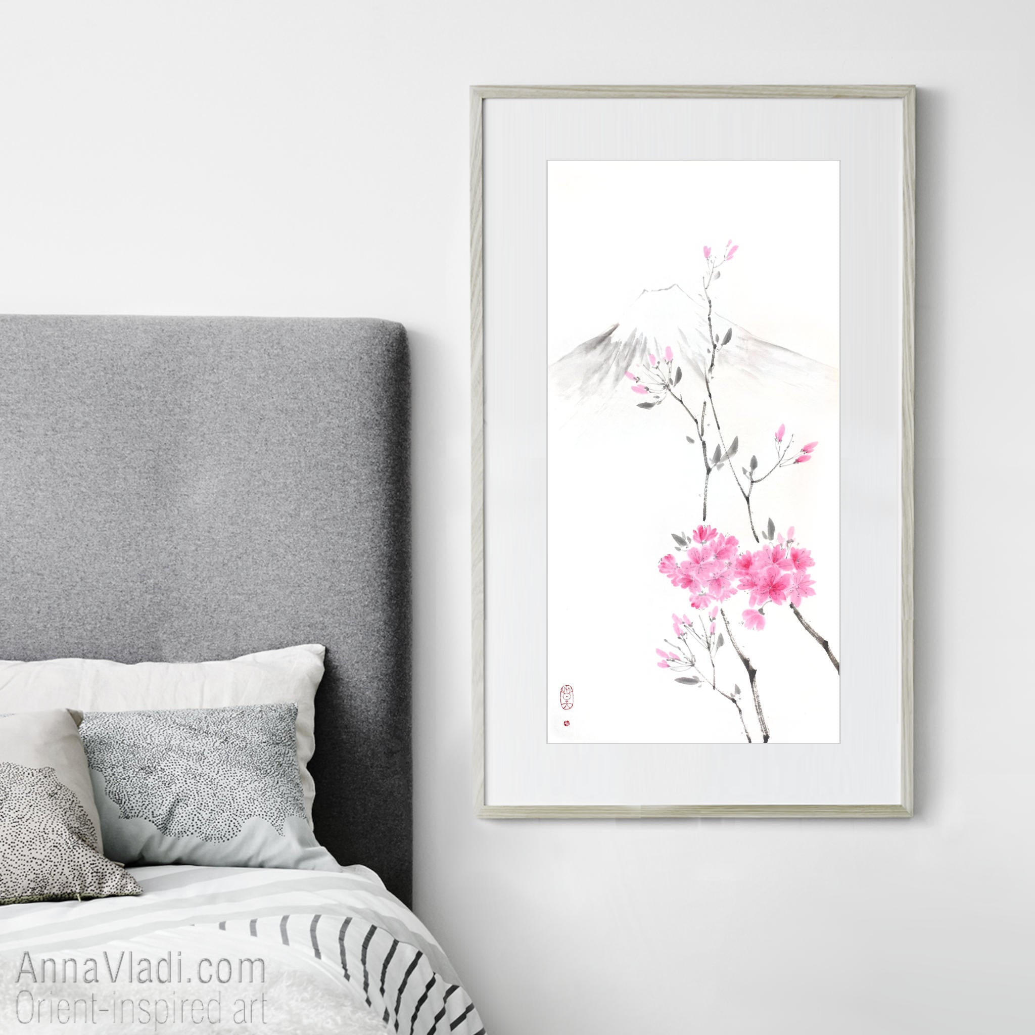Spring Sakura and Mt Fuji — original sumi-e painting of Japanese cherry blossoms
