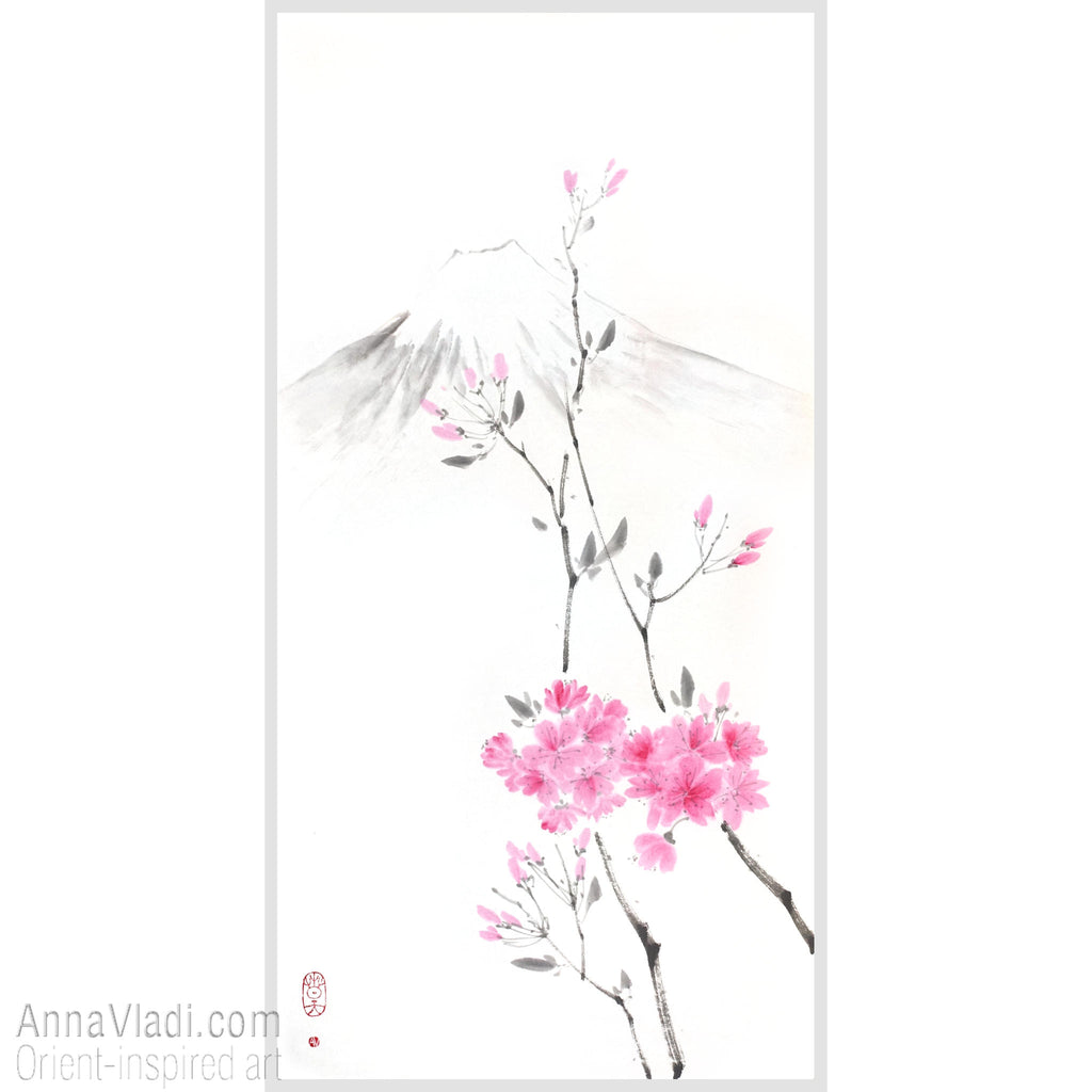 Spring Sakura and Mt Fuji — original sumi-e painting of Japanese cherry blossoms