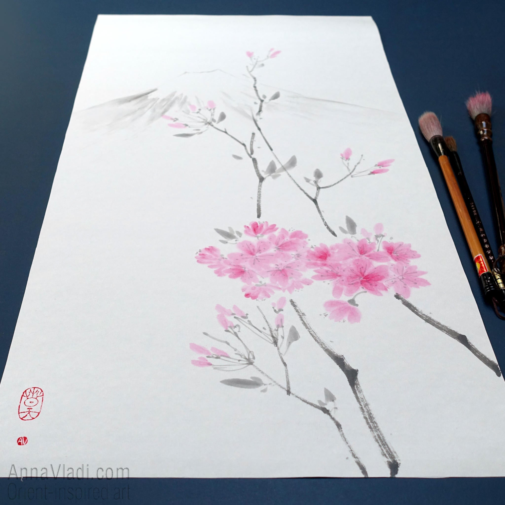 Spring Sakura and Mt Fuji — original sumi-e painting of Japanese cherry blossoms