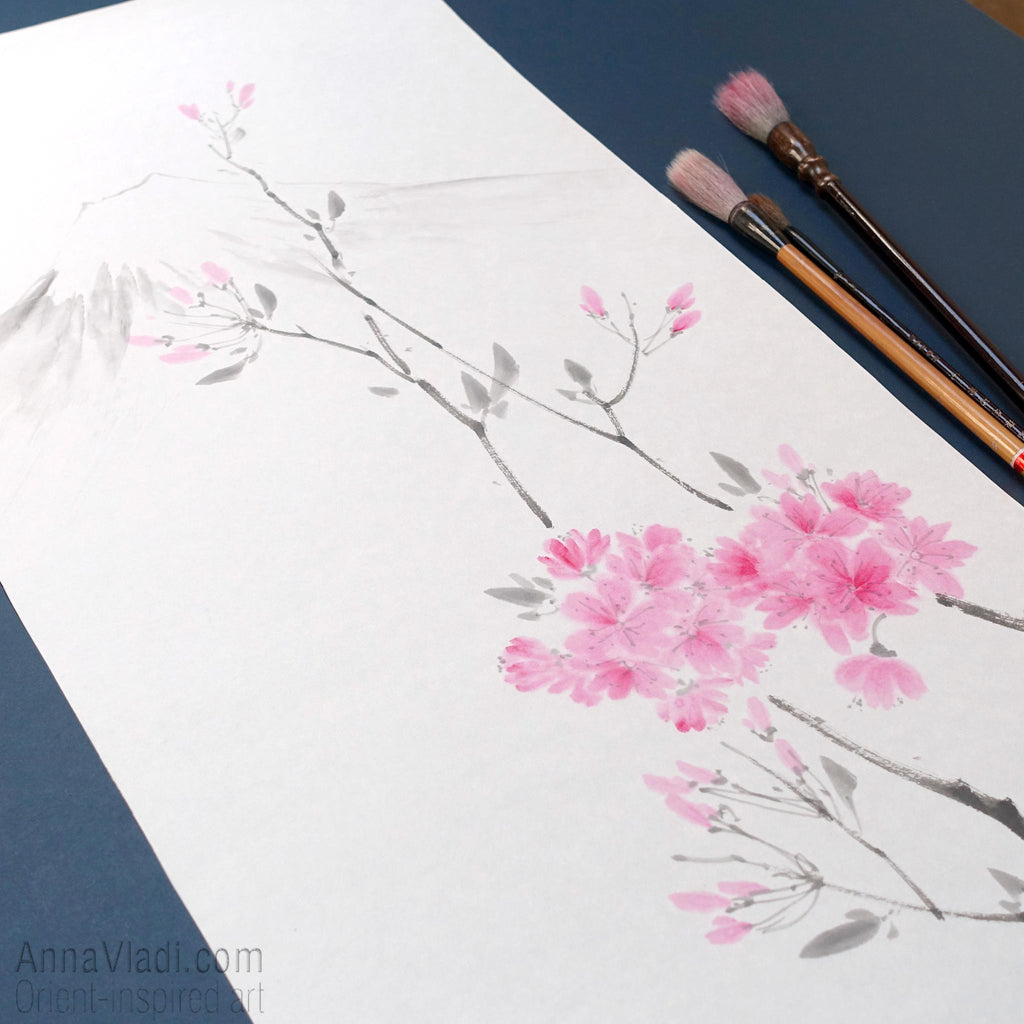 Spring Sakura and Mt Fuji — original sumi-e painting of Japanese cherry blossoms