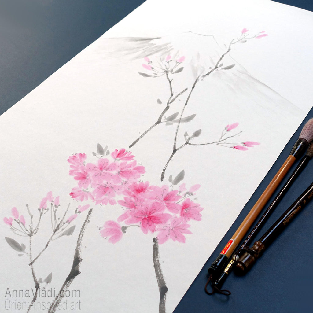 Spring Sakura and Mt Fuji — original sumi-e painting of Japanese cherry blossoms