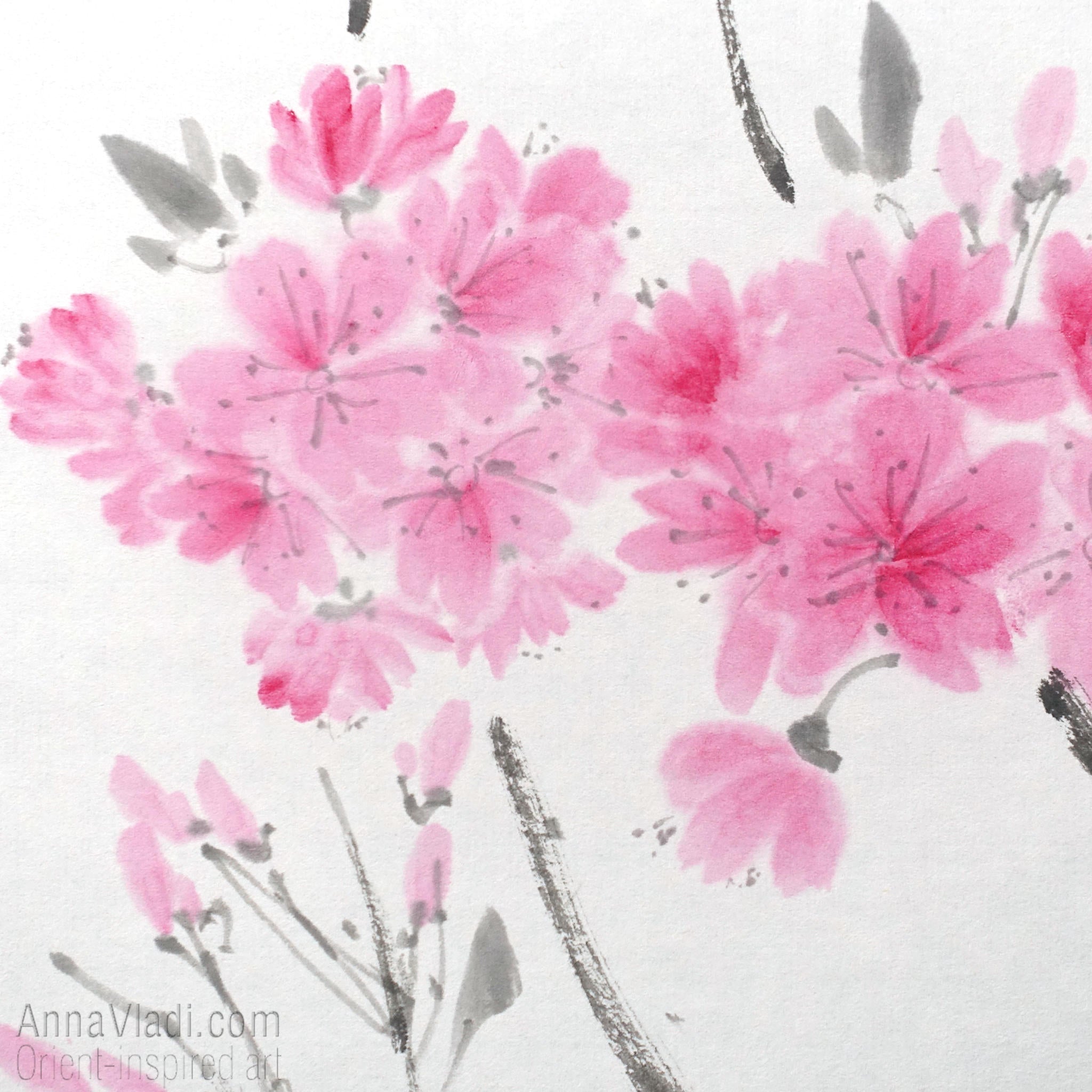 Spring Sakura and Mt Fuji — original sumi-e painting of Japanese cherry blossoms