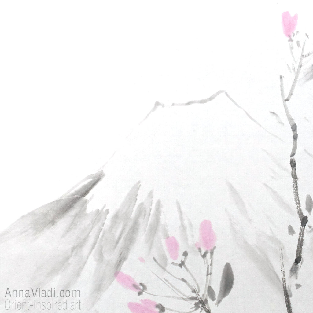 Spring Sakura and Mt Fuji — original sumi-e painting of Japanese cherry blossoms