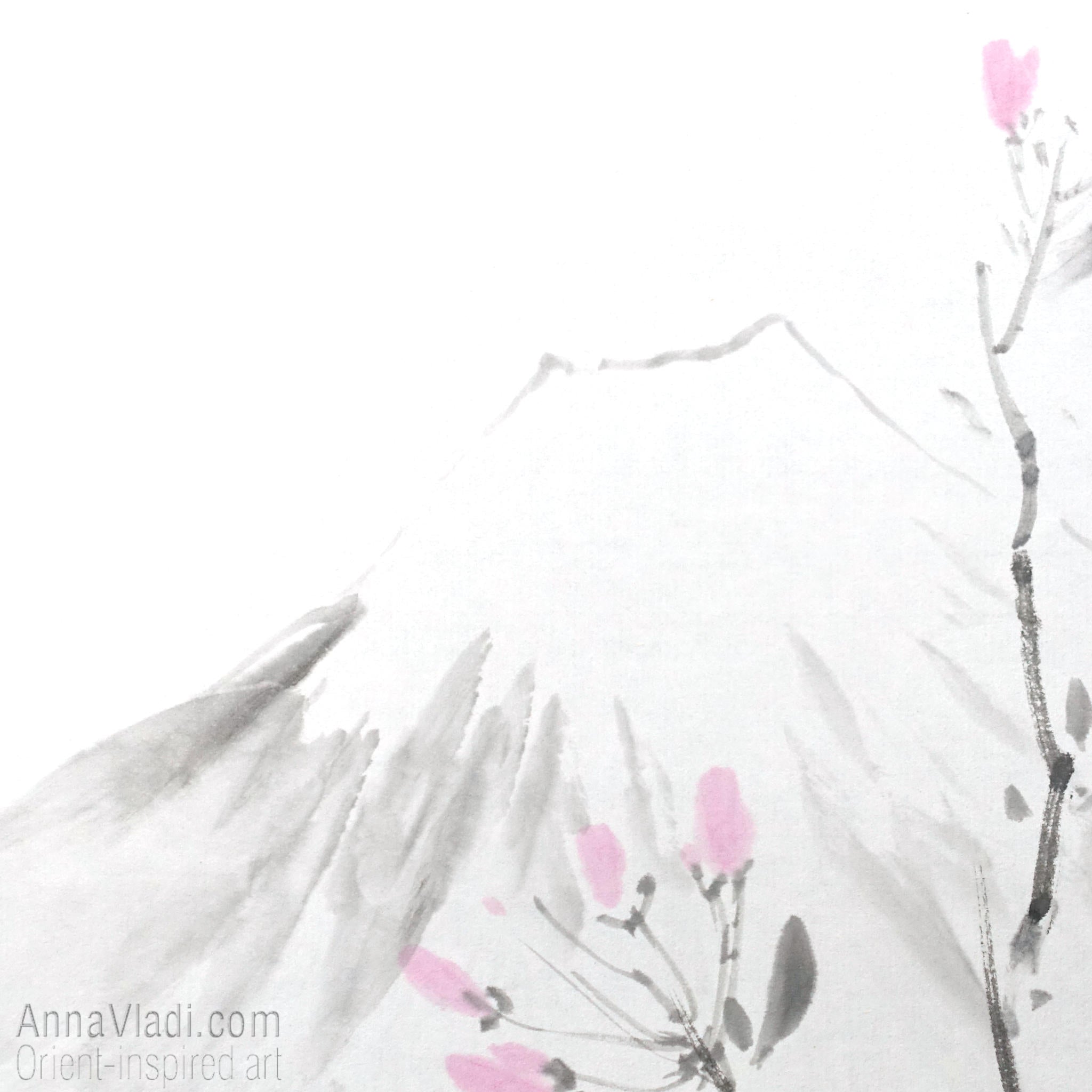 Spring Sakura and Mt Fuji — original sumi-e painting of Japanese cherry blossoms