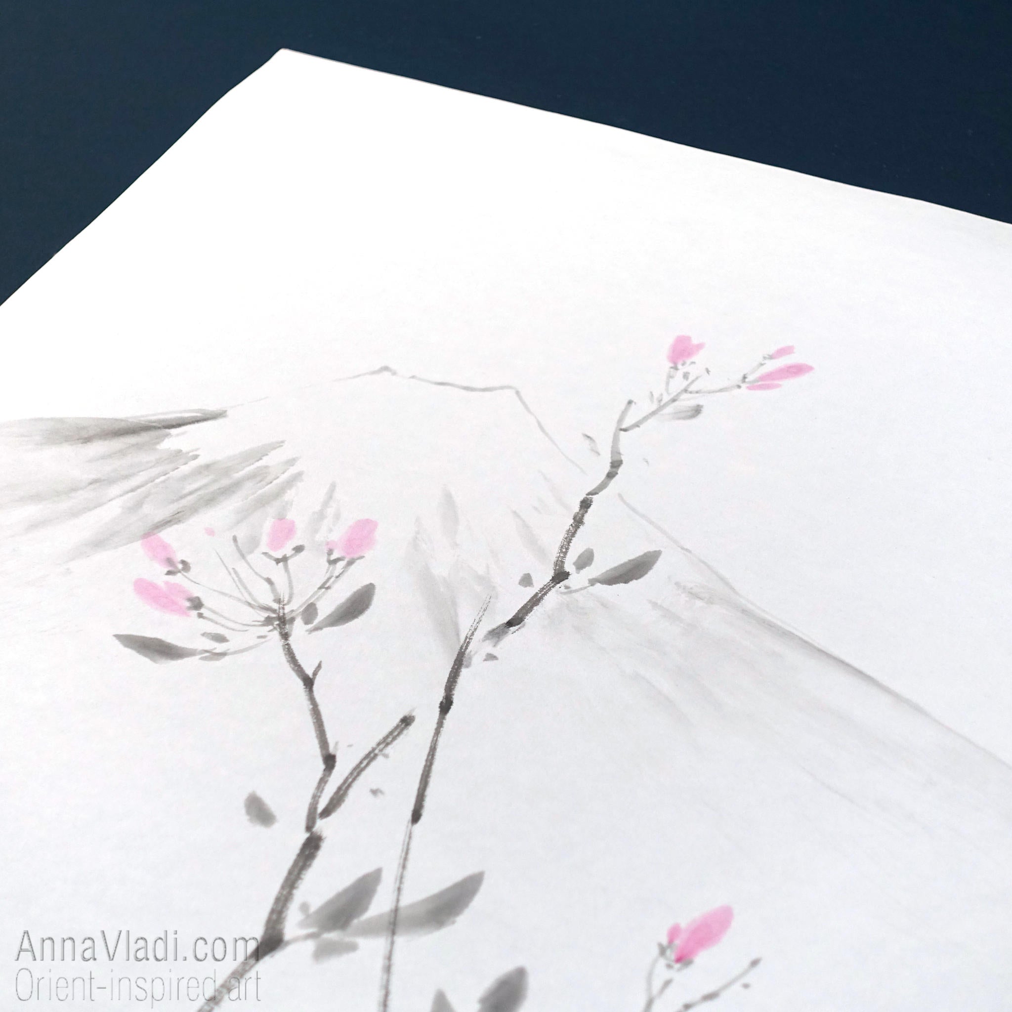 Spring Sakura and Mt Fuji — original sumi-e painting of Japanese cherry blossoms