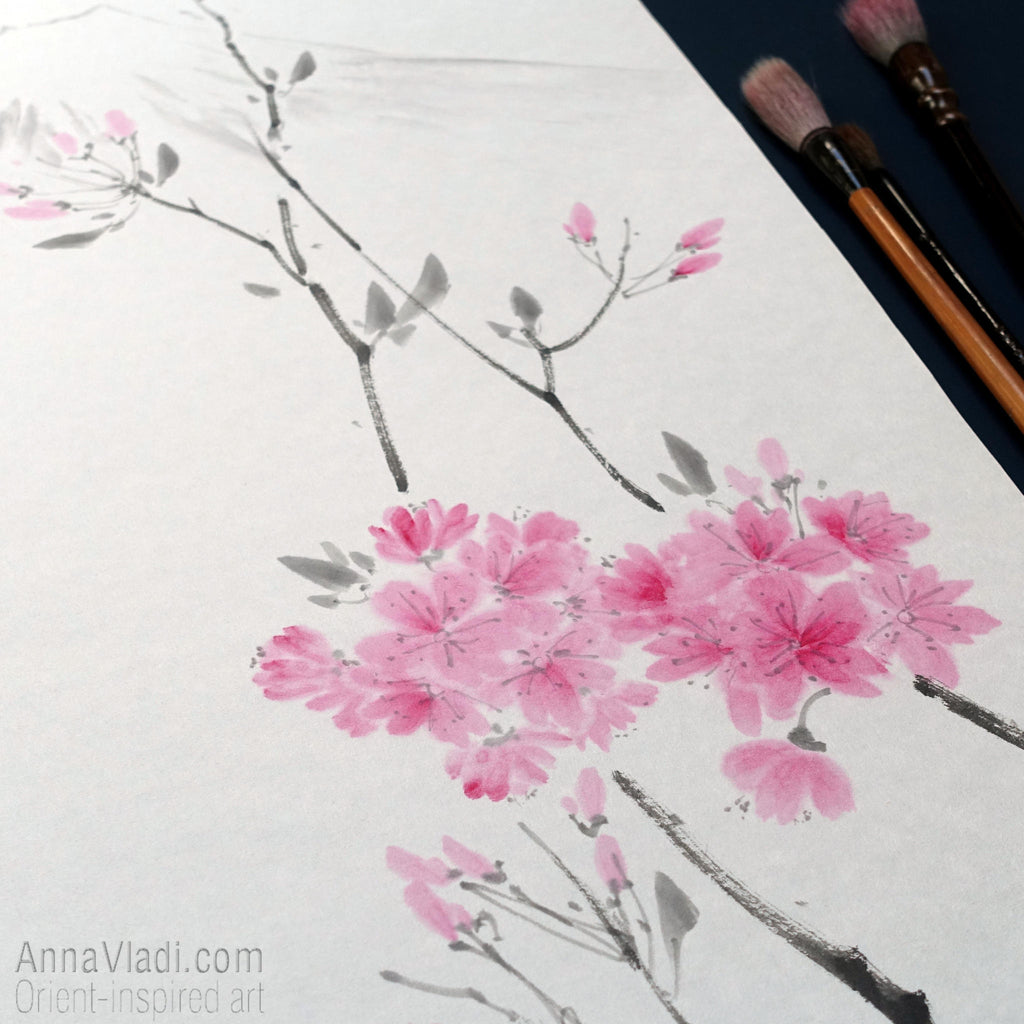 Spring Sakura and Mt Fuji — original sumi-e painting of Japanese cherry blossoms