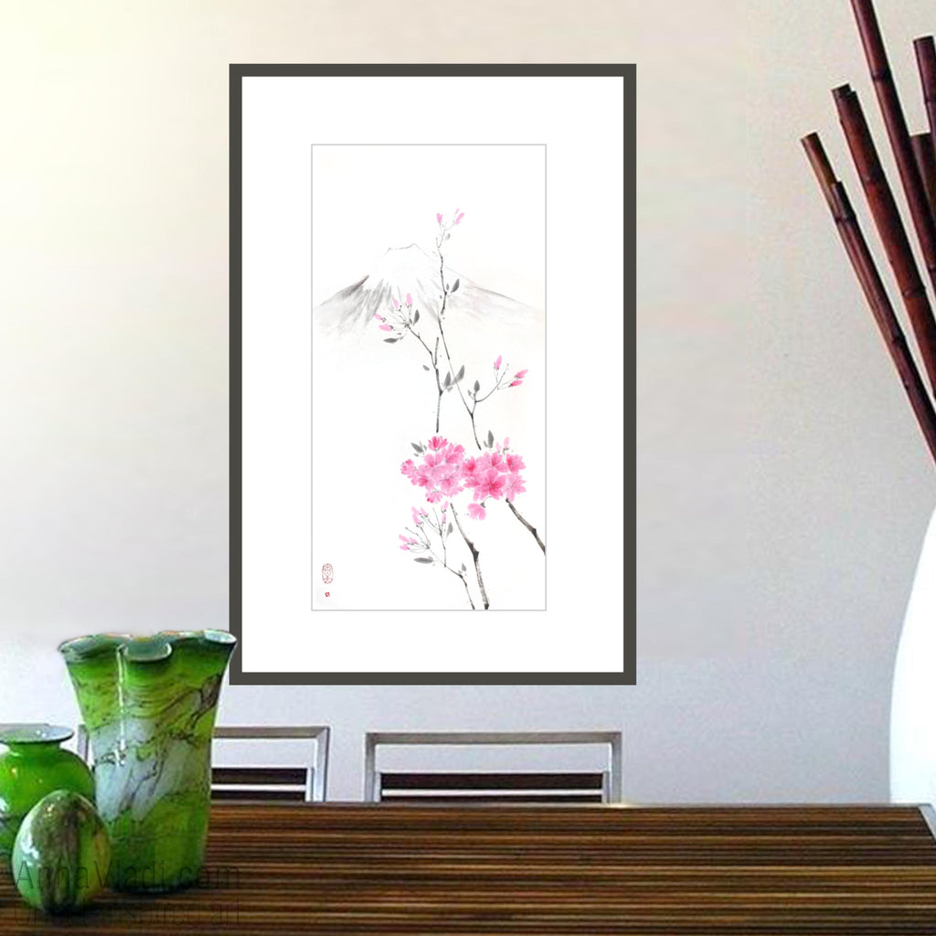 Spring Sakura and Mt Fuji — original sumi-e painting of Japanese cherry blossoms