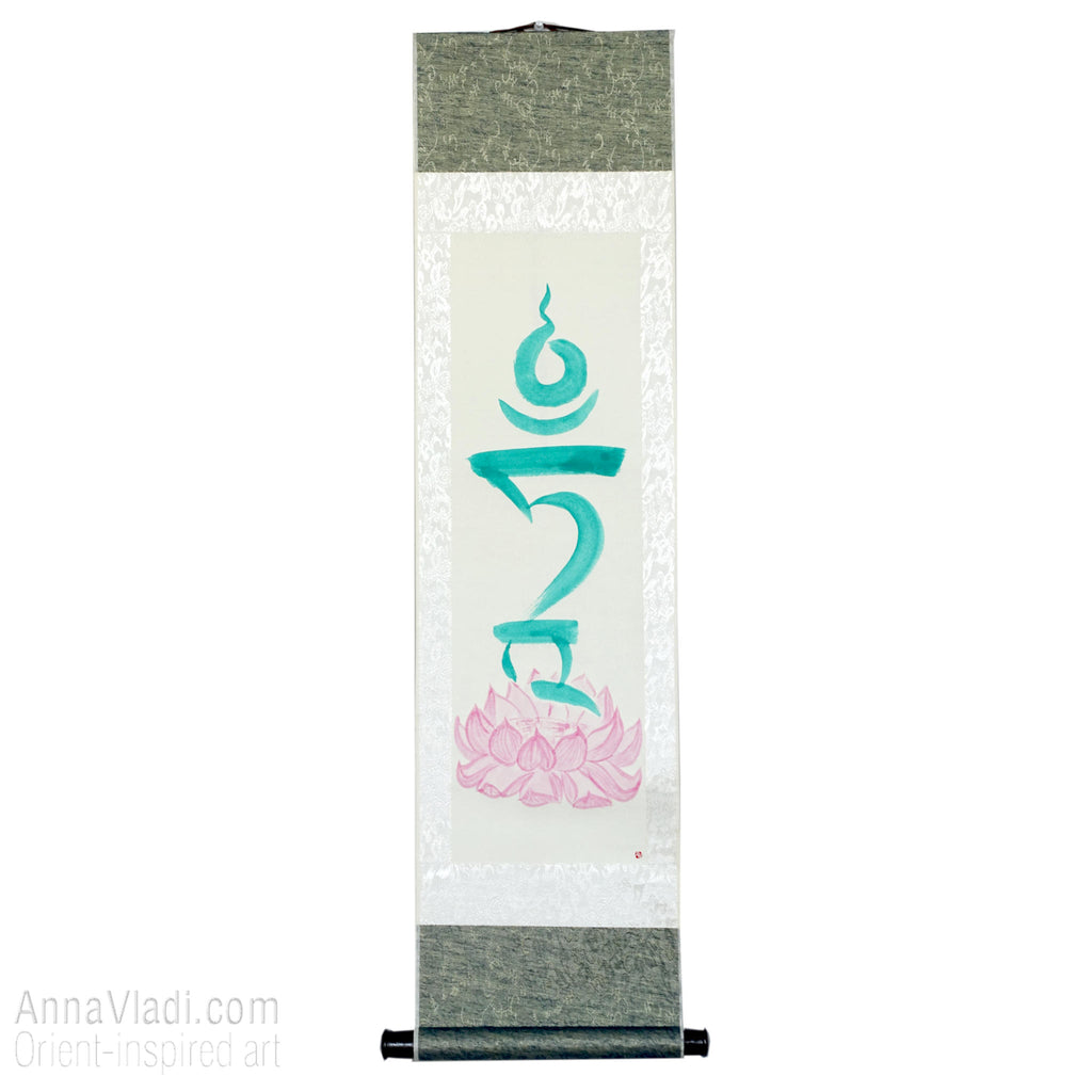 Green Tara Seed Syllable Silk Scroll, Tibetan Mantra Art
