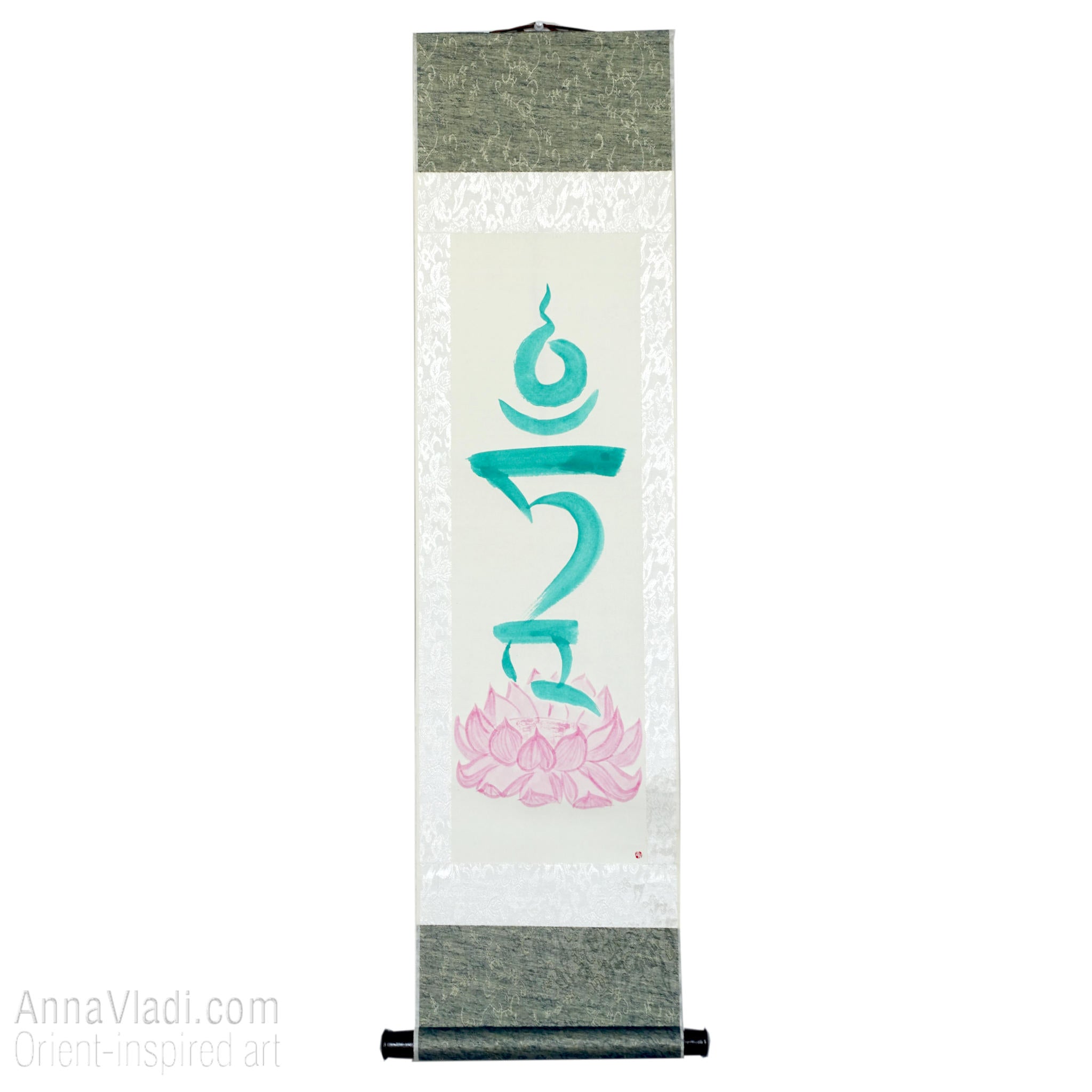 Green Tara Seed Syllable Silk Scroll, Tibetan Mantra Art