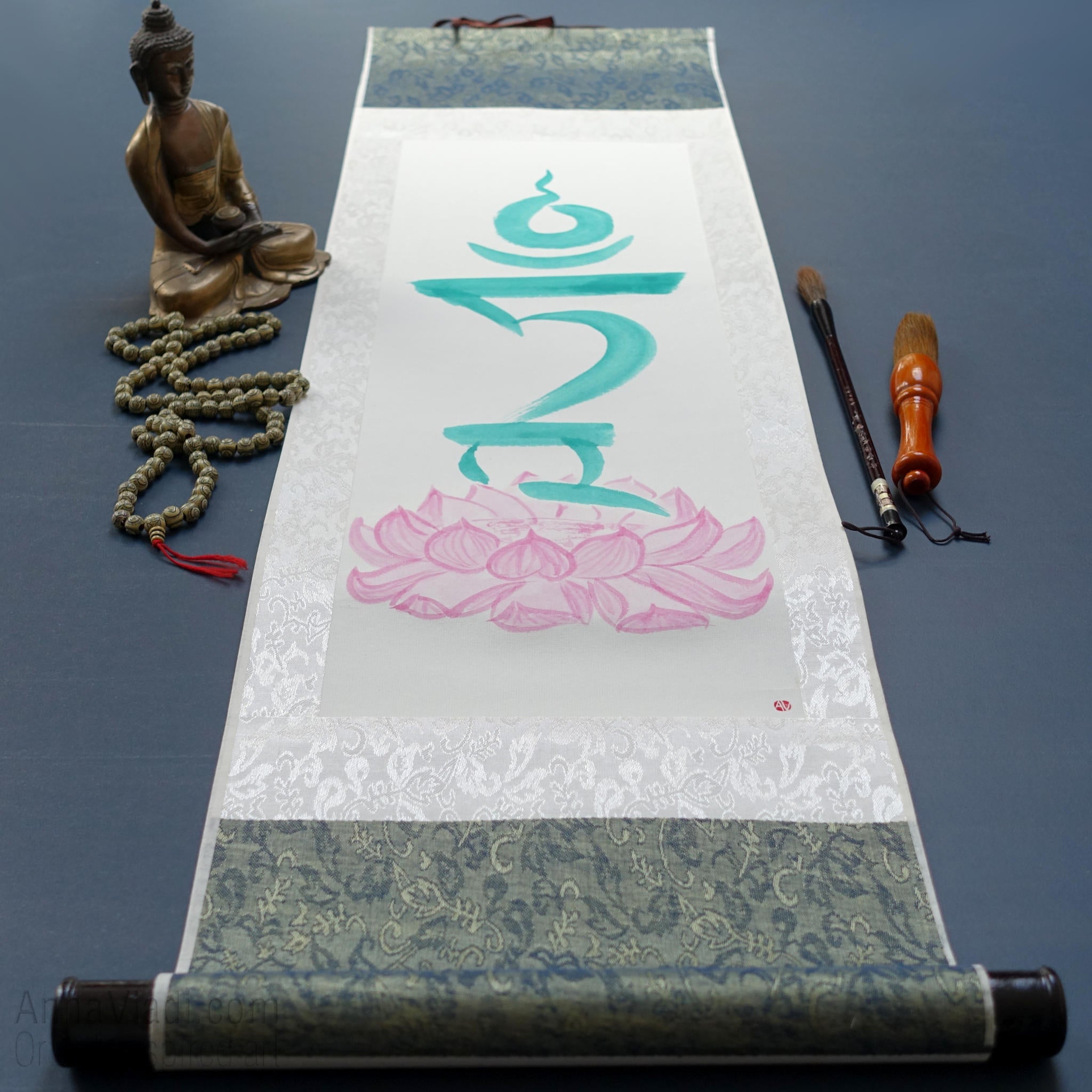 Green Tara Seed Syllable Silk Scroll, Tibetan Mantra Art